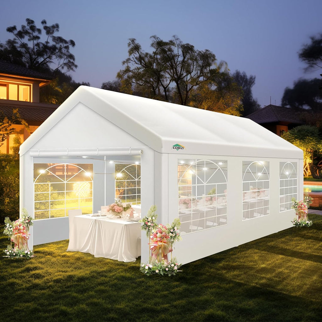 COBIZI Party Tent 10x20 Heavy Duty, 10x20 Canopy with Removable Sidewalls & 4 Built-in Sandbags, Commercial Wedding Large Tent, UV 50+, Waterproof, White
