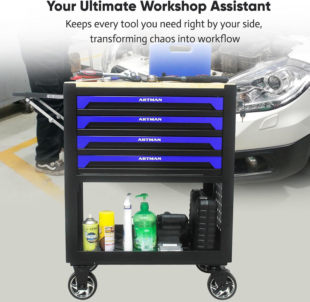 JOYBASE Rolling Tool Chest with 4 Drawers & Wood Top, Heavy Duty Steel Tool Cart on Wheels, Mobile Garage Organizer & Storage Cabinet for Workshop & Mechanic (Black & Blue)