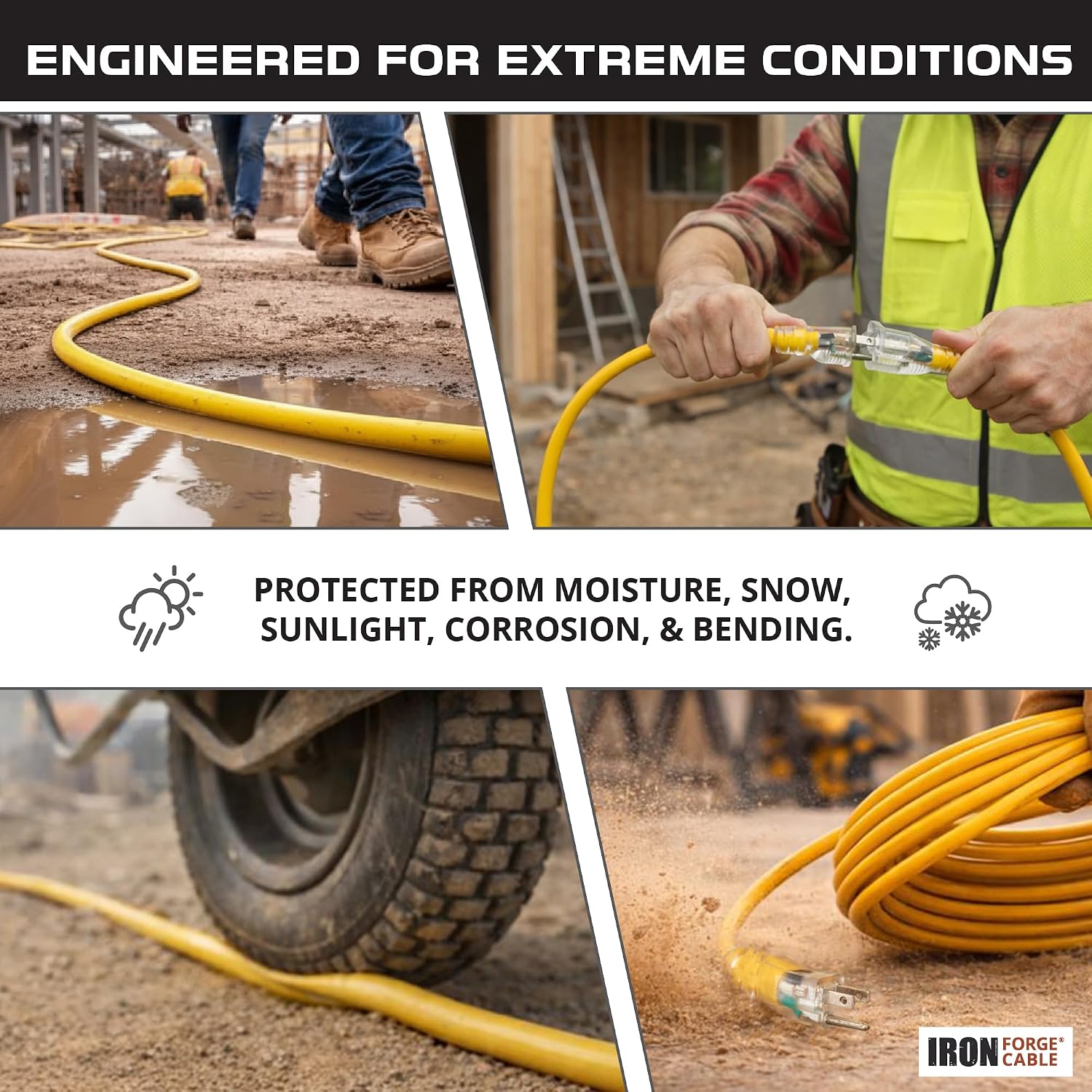 Iron Forge Cable 200 Foot Lighted Outdoor Extension Cord - 12/3 SJTW Heavy Duty Yellow Extension Cable with 3 Prong 15 AMP Grounded Plug for Safety