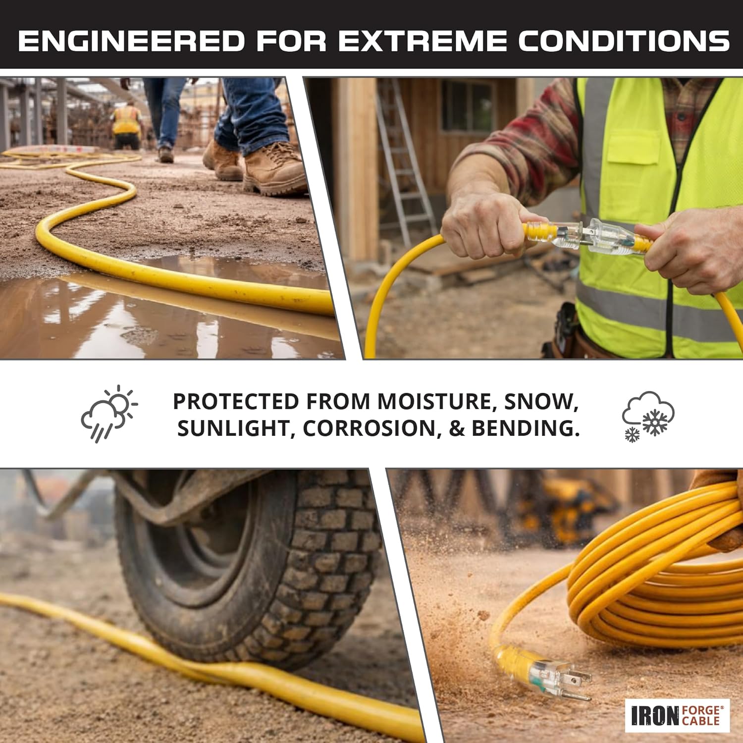 IRON FORGE CABLE 100 Foot Outdoor Extension Cord - 12/3 SJTW Heavy Duty Yellow 3 Prong Extension Cable, 15 AMP - Great for Garden and Major Appliances