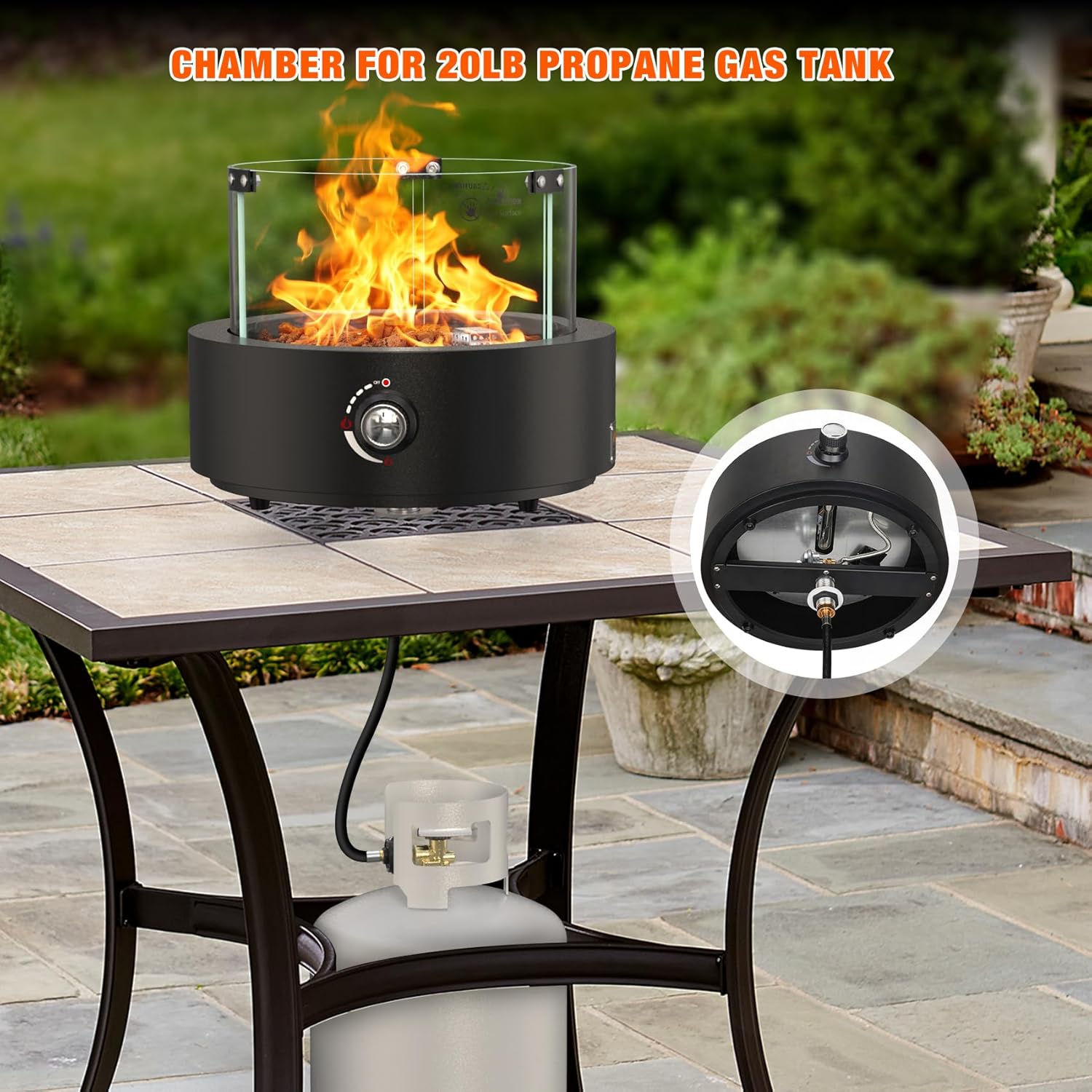 Portable Propane Gas Fire Pit Bottom-Mounted for Table with Umbrella Hole, Tabletop Smokeless Firepit with Wind Guard for Patio Camping RV Tailgating, 23000BTU, Round FP039