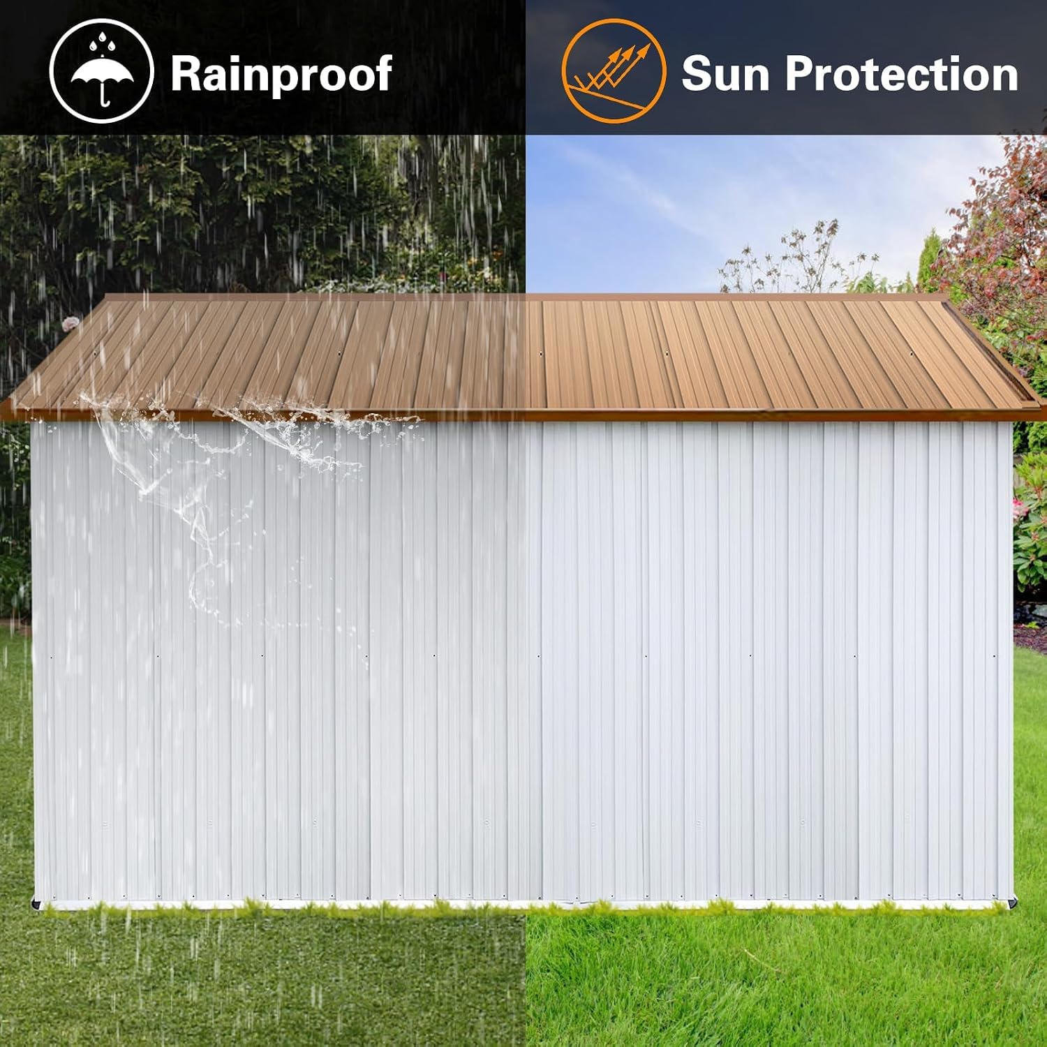 10x12 FT Outdoor Storage Shed, Metal Garden Shed with Lockable Hinged Doors, Large Storage Building with Sloped Roof & 4 Air Vents, Waterproof Outside Tool Shed for Backyard, Patio, Lawn, White+Yellow