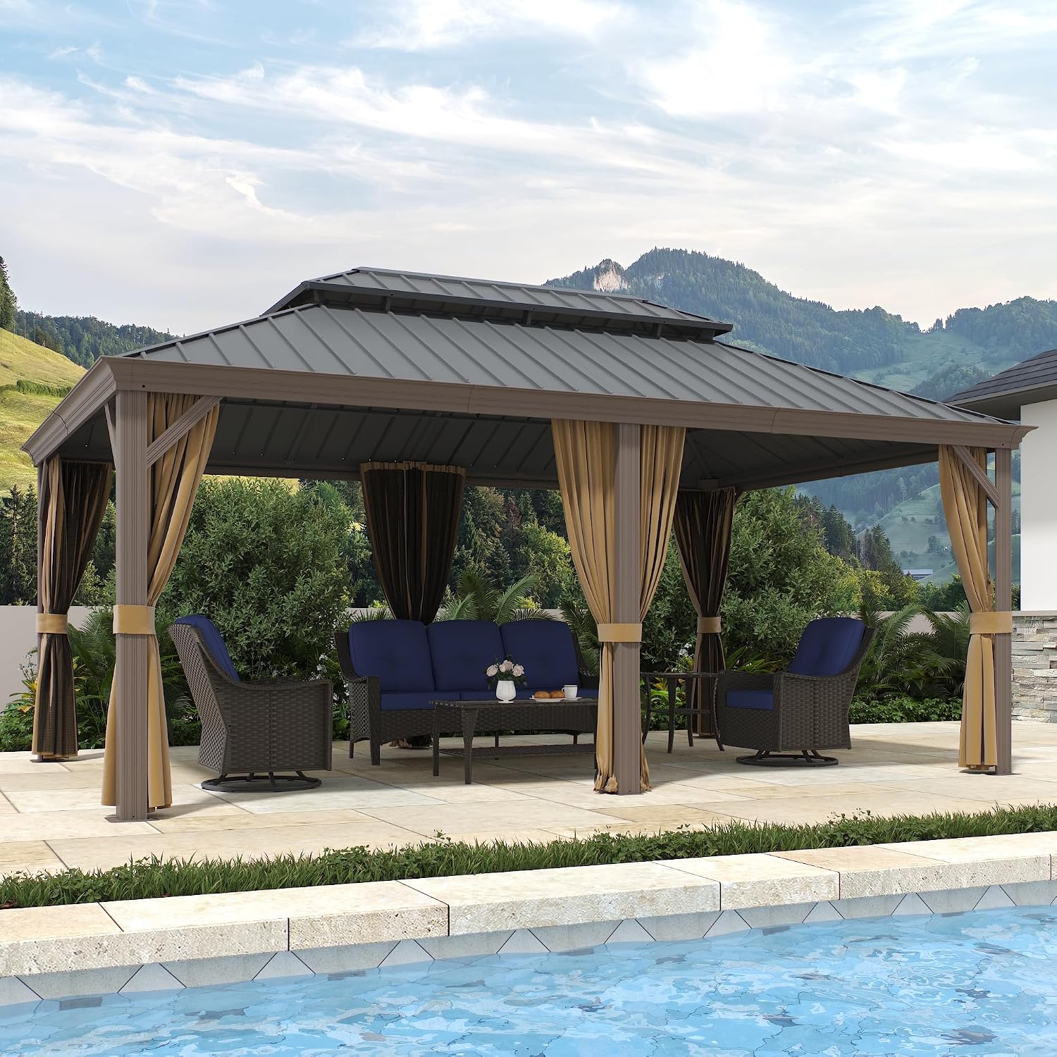 12'x18' Hardtop Gazebo with Netting and Curtains, Outdoor Aluminum Frame Pergola, Heavy Duty Metal Double Roof of Galvanized Steel Pavilion for Patio, Backyard, Deck, Lawns