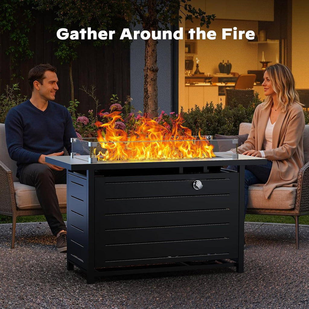 Ciays 42 Inch Gas Fire Pit Table, 60,000 BTU Propane Fire Pits for Outside with Glass Wind Guard, Steel Lid,Lava Rock, 2 in 1 Fire Pit Table Gatherings Parties on Patio Deck Garden, Ebony(2 Packages)