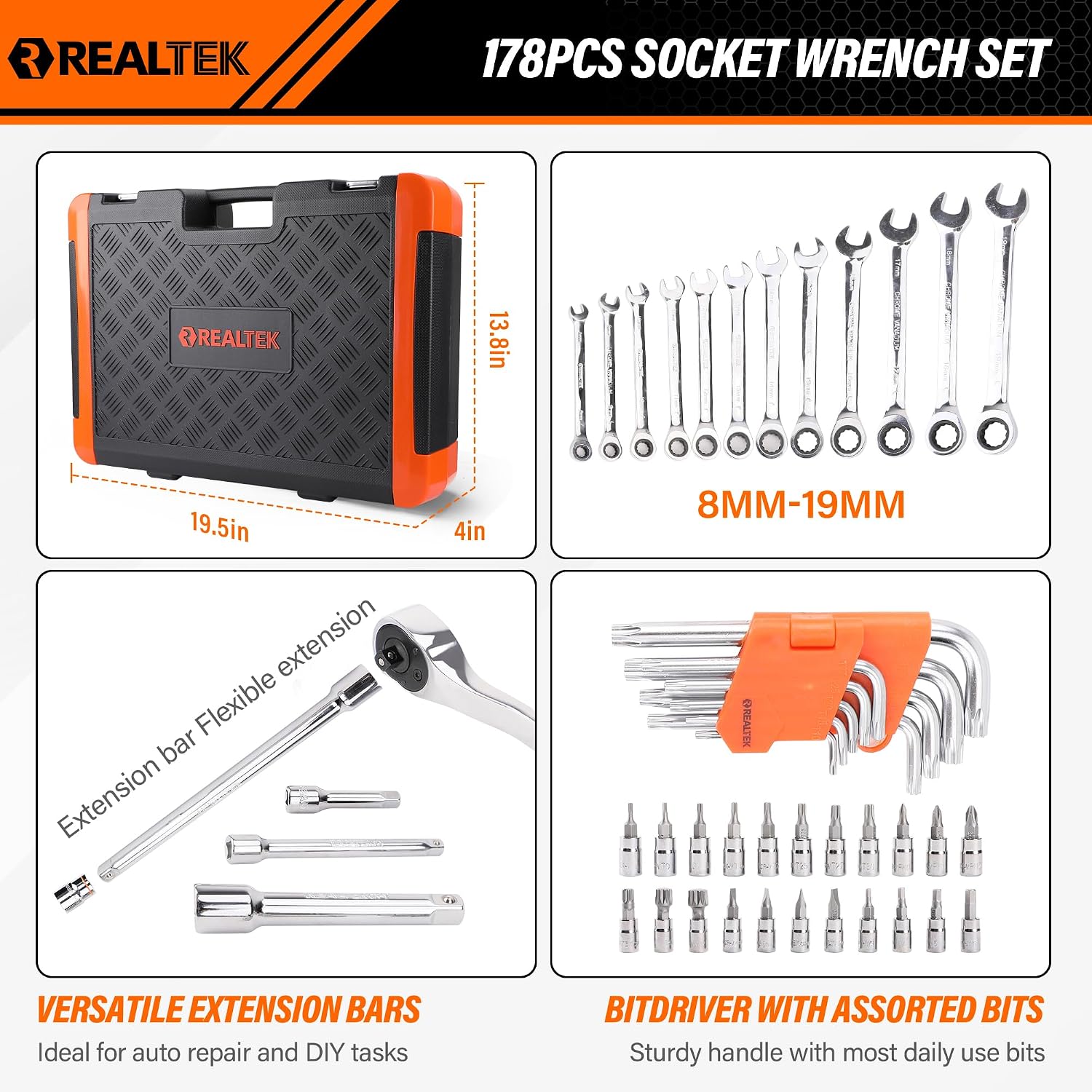 REALTEK 178 Pieces Socket Wrench Set 1/4'3/8'1/2',CR-V Metric Wrench Set with Extension Bar,Quick-Release Ratchet Wrench with Bit Socket Set for Auto Repairing,Household and Workshop,Durable Tool Box