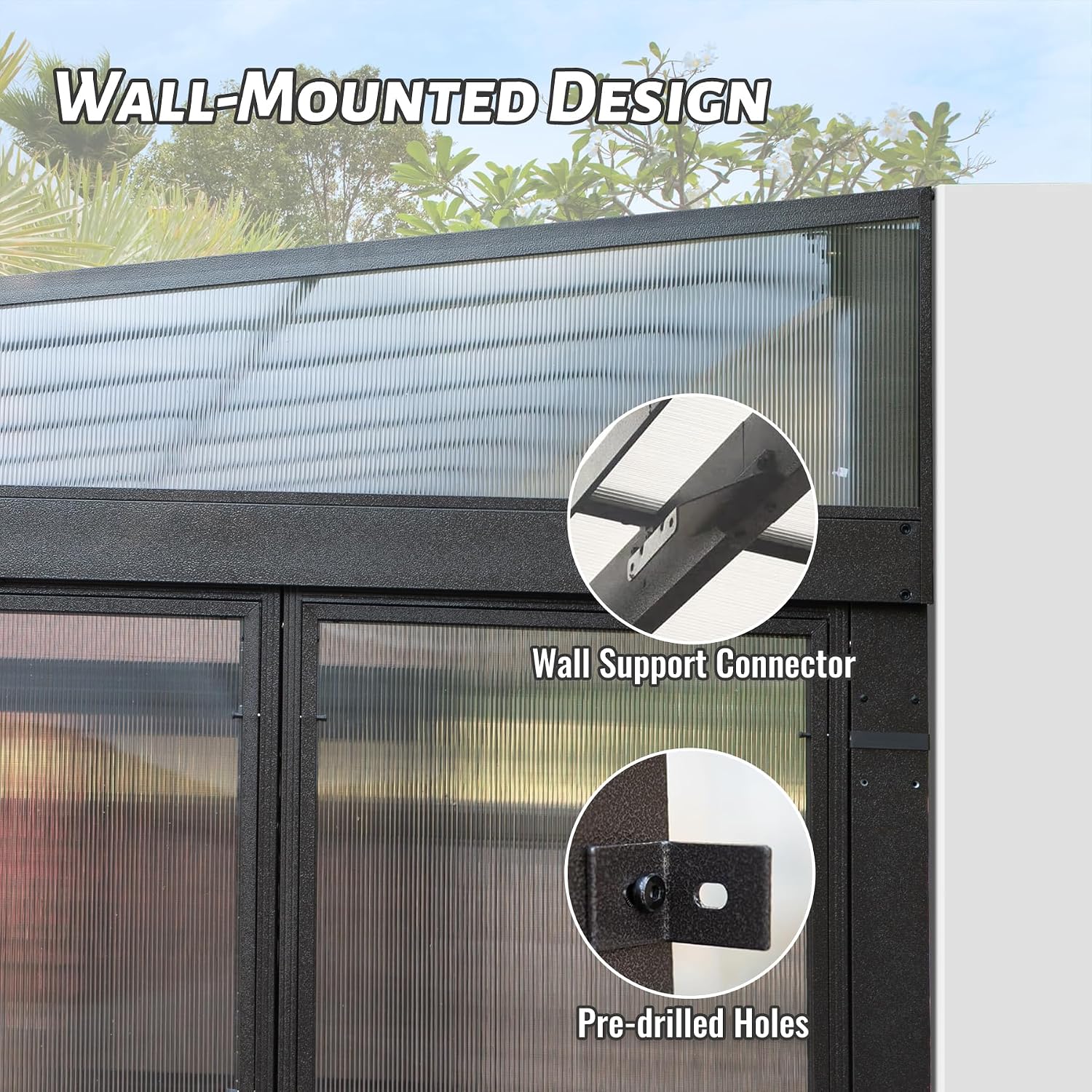 Domi 10x14FT All Season Sunroom, Outdoor Permanent Wall Mounted Solarium with Detachable Polycarbonate Windows, Aluminum Lean to Gazebo Sun Room with 2 Lockable Sliding Doors for Garden Patio Deck
