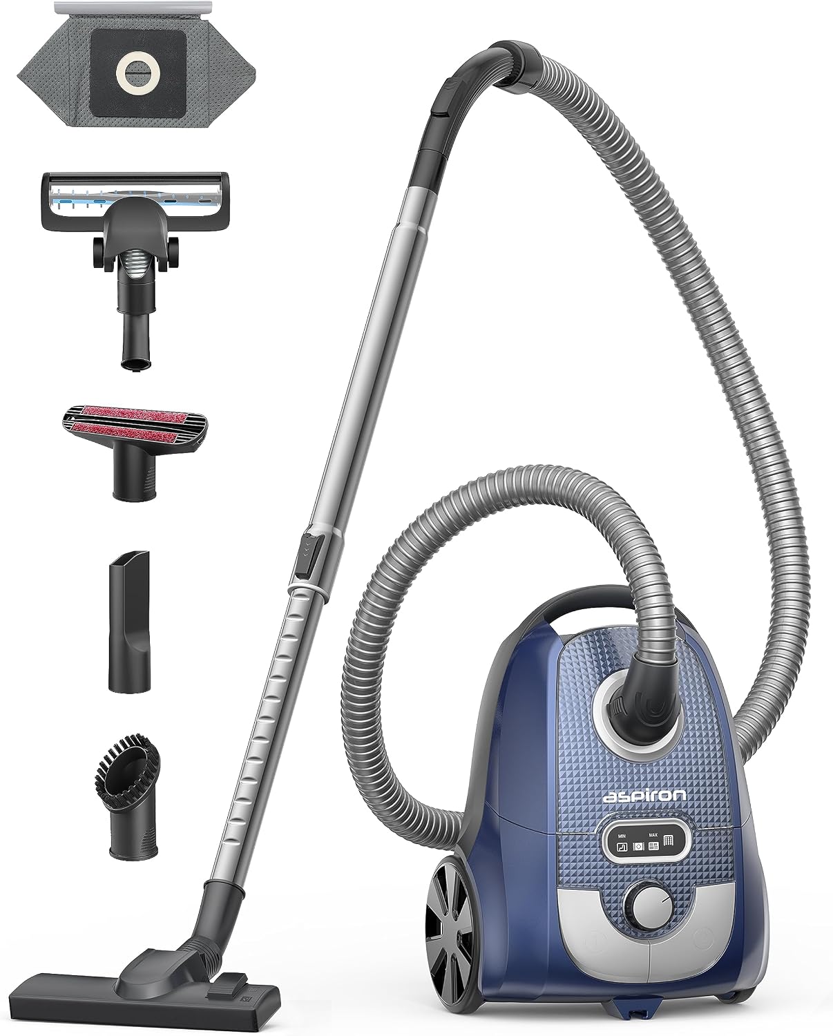 Bagged Canister Vacuum, Aspiron Canister Vacuum Cleaner, 3.5L, H13 HEPA Filter, 5 Cleaning Tools, Pet-Friendly Vacuum Cleaner for Carpets, Hardwood Floors, Stairs, Pet Hair, Household, Blue