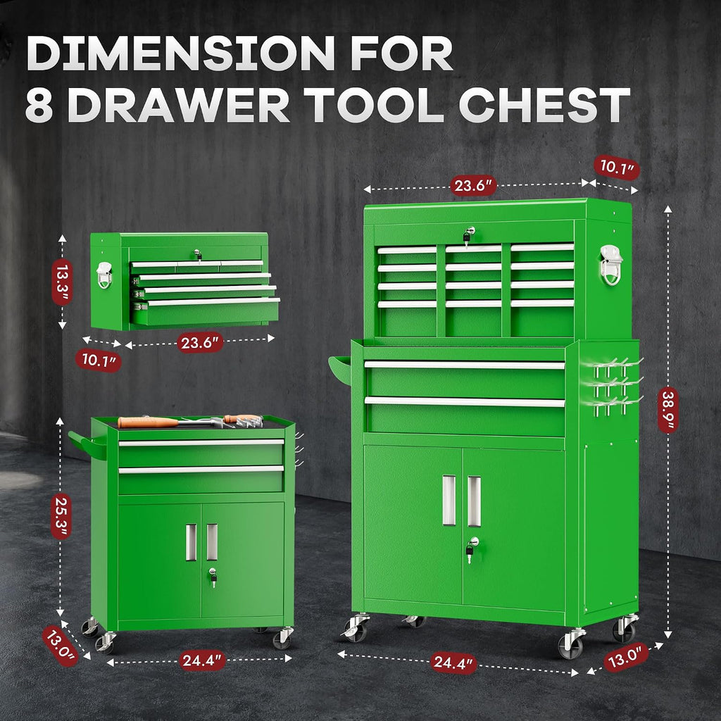 Bonusall 8 Drawer Rolling Tool Chest and Cabinet Combo,Heavy-Duty Metal Garage Tool Chest with Wheels and 2 Doors,2-in-1 Top Box and Roller Cabinet Combo for Garage, Workshop, Warehouse-Green