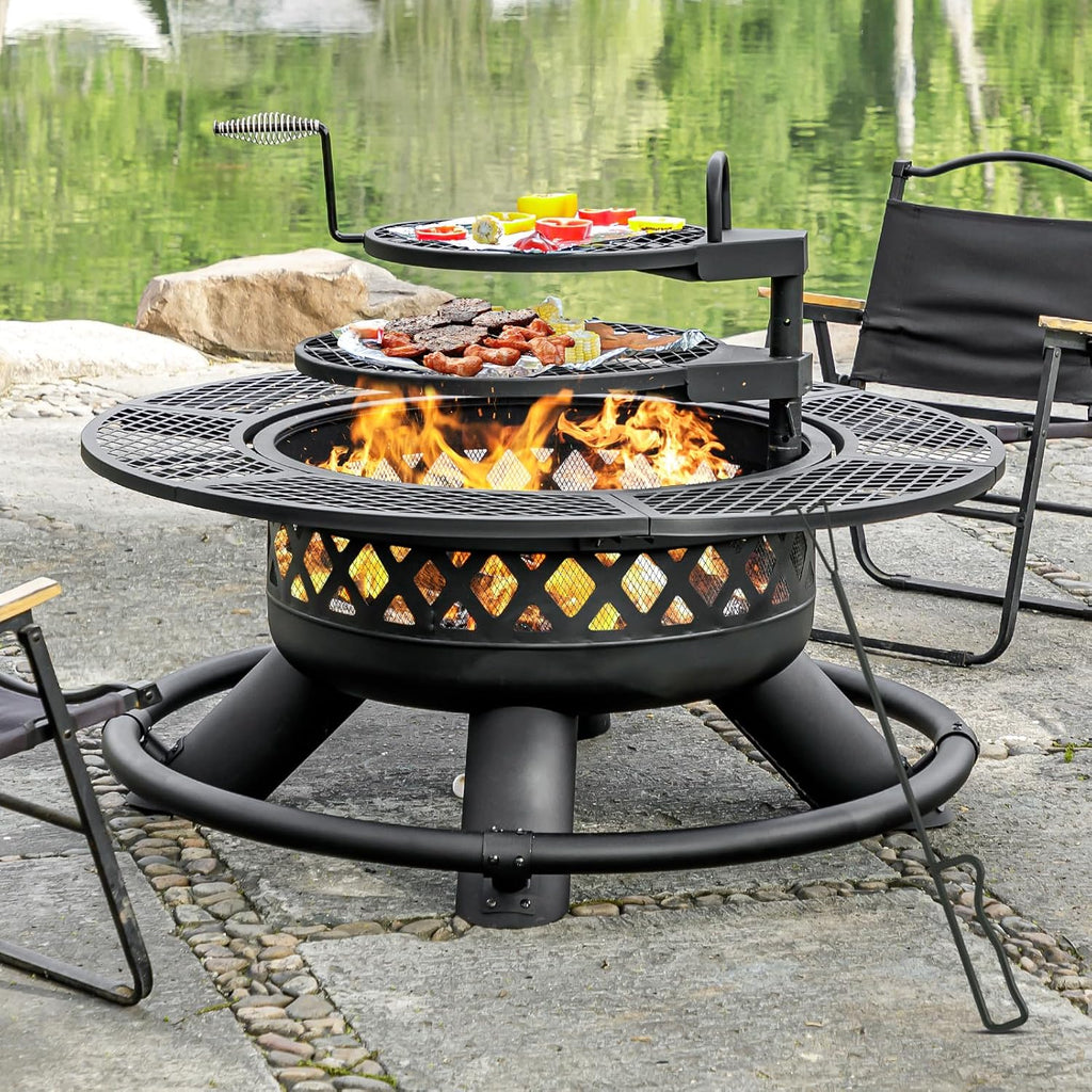 Panovue 47 Inch Outdoor Wood Burning Fire Pit with 2 Grills,Extra Large 3-in-1 Fire Pit with Metal Lid & Fire Poker, Heavy Duty BBQ Firepits for Outside, Backyard, Bonfire, Patio & Party (47'' Black)