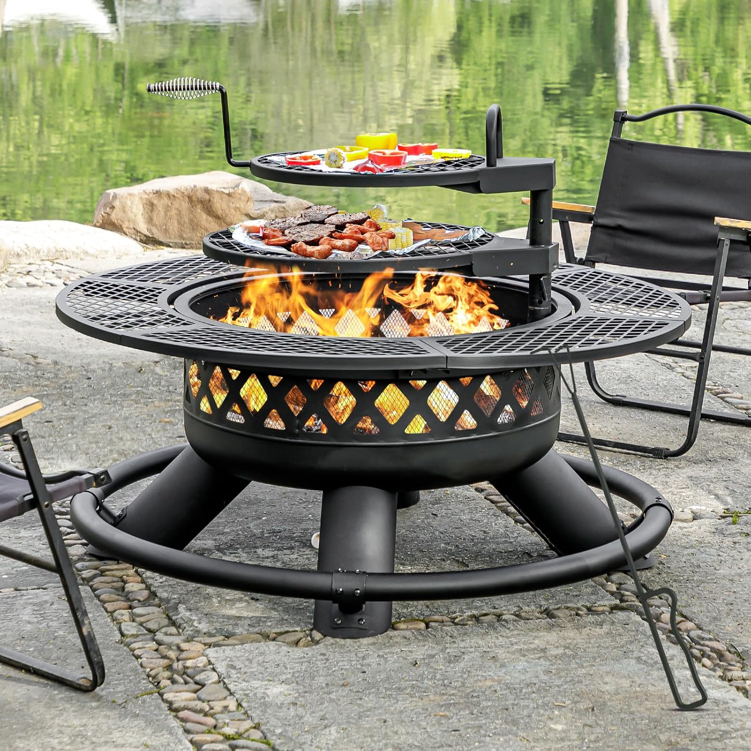 Panovue 47 Inch Outdoor Wood Burning Fire Pit with 2 Grills,Extra Large 3-in-1 Fire Pit with Metal Lid & Fire Poker, Heavy Duty BBQ Firepits for Outside, Backyard, Bonfire, Patio & Party (47'' Black)
