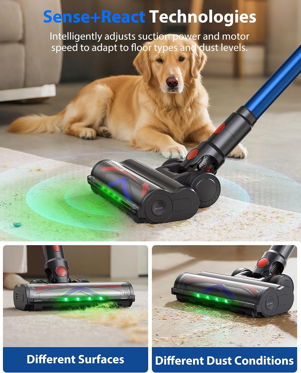 Cordless Vacuum Cleaner, 75Mins/55KPa/650W Freestanding Stick Vacuum Cleaners for Home, Rechargeable, Lightweight, Cone Filtration&Anti-Tangle, for Hard Floor, Carpet, Hardwoods, Pet Hair