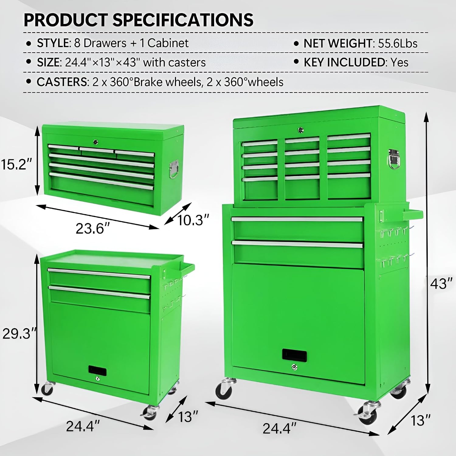 Dawmilon Tool Chest, 8-Drawer Rolling Tool Storage Cabinet with Wheels, Detachable Top Tool Box, and Locking Mechanism, Metal Barber Tool Cart with Liner and 6 Hooks for Garage, Workshop, Green