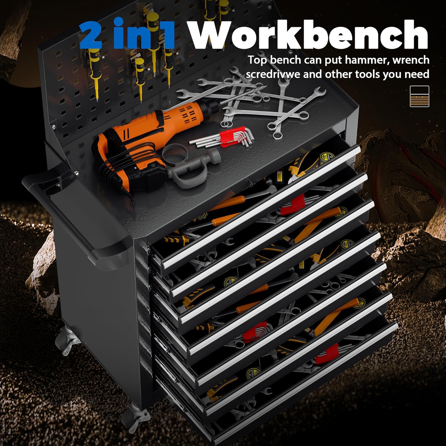 INTERGREAT 7 Drawers Rolling Tool Box with Pegboard,Portable Tool Chest with Wheels, Tool Box Organizer with Locking System for Garage(Black)