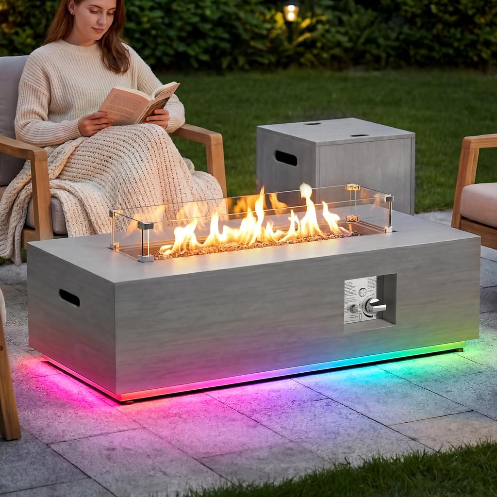 SUNPEAK 42' Propane Fire Pit Table with RGB LED Light 50,000 BTU Patio Propane Fire Pit Table Includes Wind Guard, Lid, Rocks & Cover - Deck Firepit - Chimenea de Gas (Light Gray/RGB Light, 42' LED)
