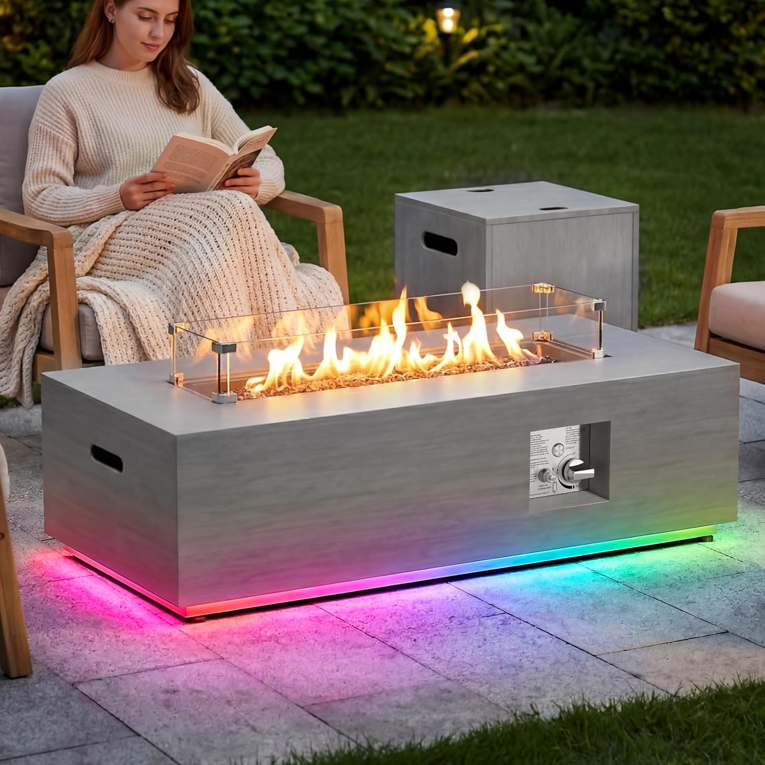 SUNPEAK 42' Propane Fire Pit Table with RGB LED Light 50,000 BTU Patio Propane Fire Pit Table Includes Wind Guard, Lid, Rocks & Cover - Deck Firepit - Chimenea de Gas (Light Gray/RGB Light, 42' LED)