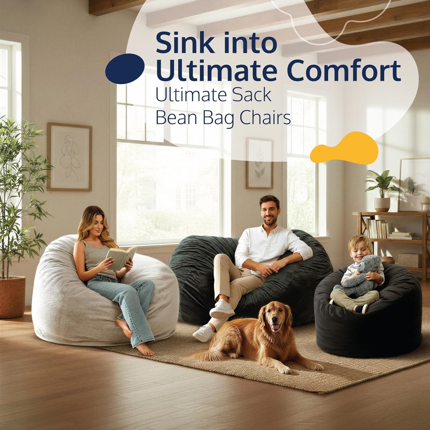 ULTIMATE SACK 5000 5-Foot Bean Bag Chair with Footstool, Cloud Suede Cover – Oversized Foam Lounger, Floor Seat, Small Sofa, or Couch Bed for Living Area, Gaming Room, or Reading Lounge
