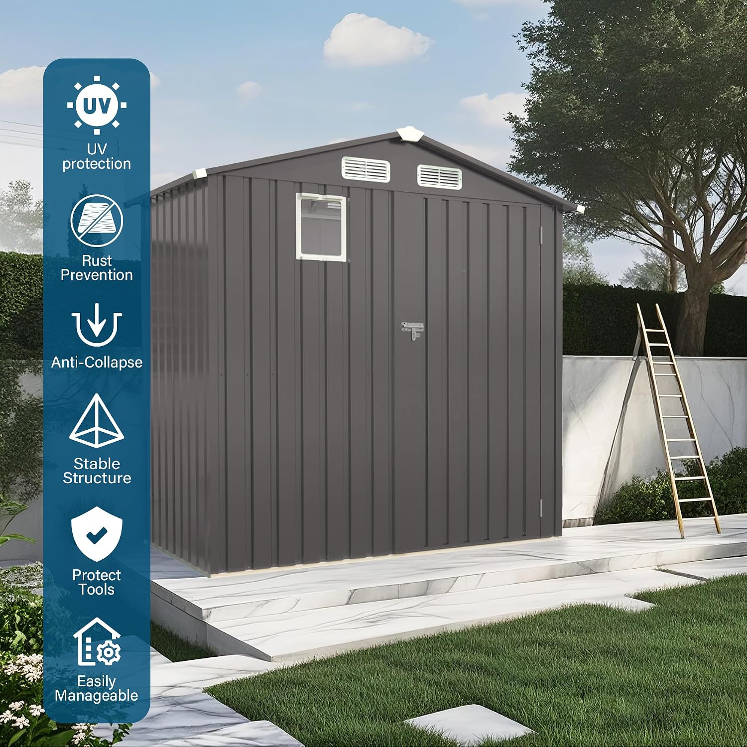 Organize and Secure with 6x3.6 FT Metal Shed, Waterproof Outdoor Storage with Lockable Door & Clear Window for Garden Tools, Patio Furniture, Bicycles, Gray