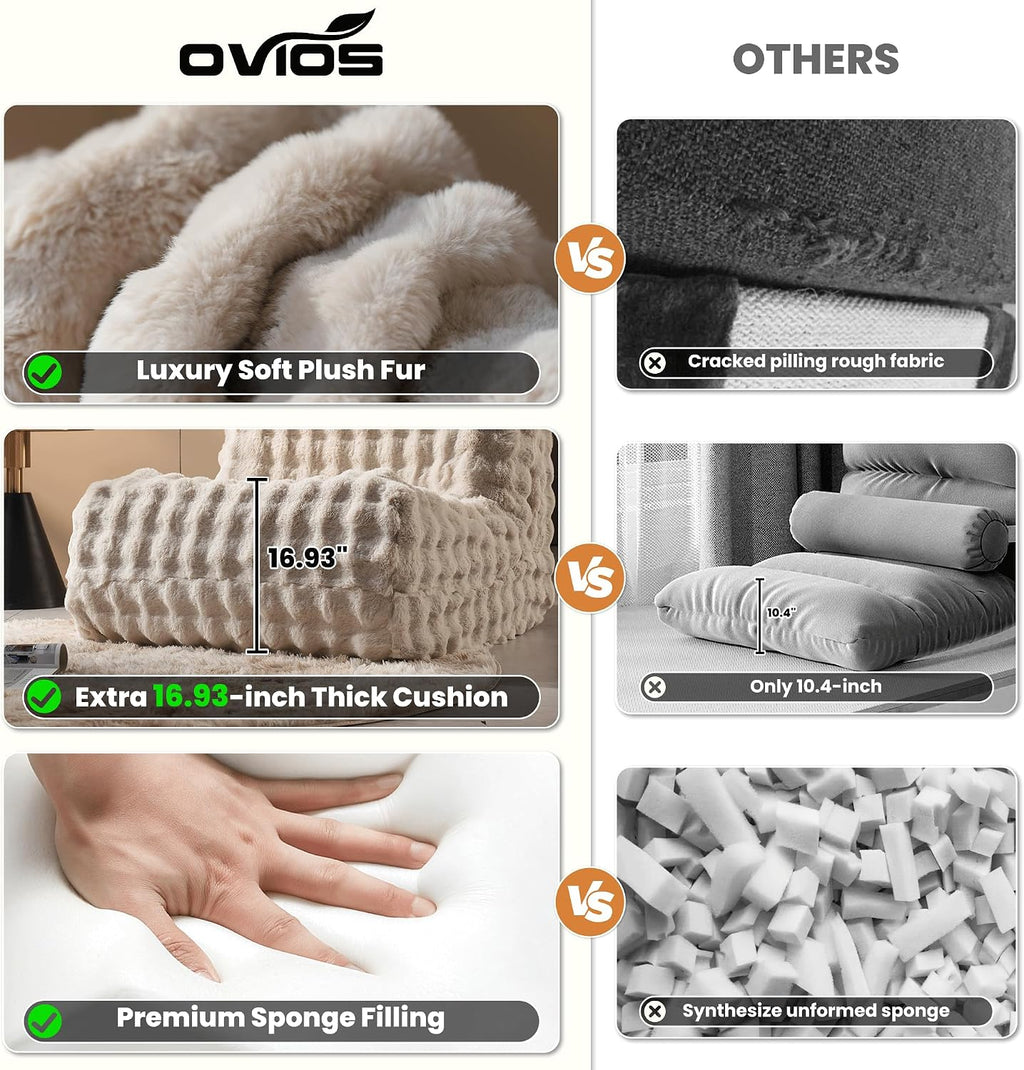 ovios Bean Bag Chair for Adult, Giant Beanbag with Plush Faux Fur, Comfy Large Big Lounger Floor Lazy Chair for Indoor Fireside Living Room Bedroom Dorm, Beige
