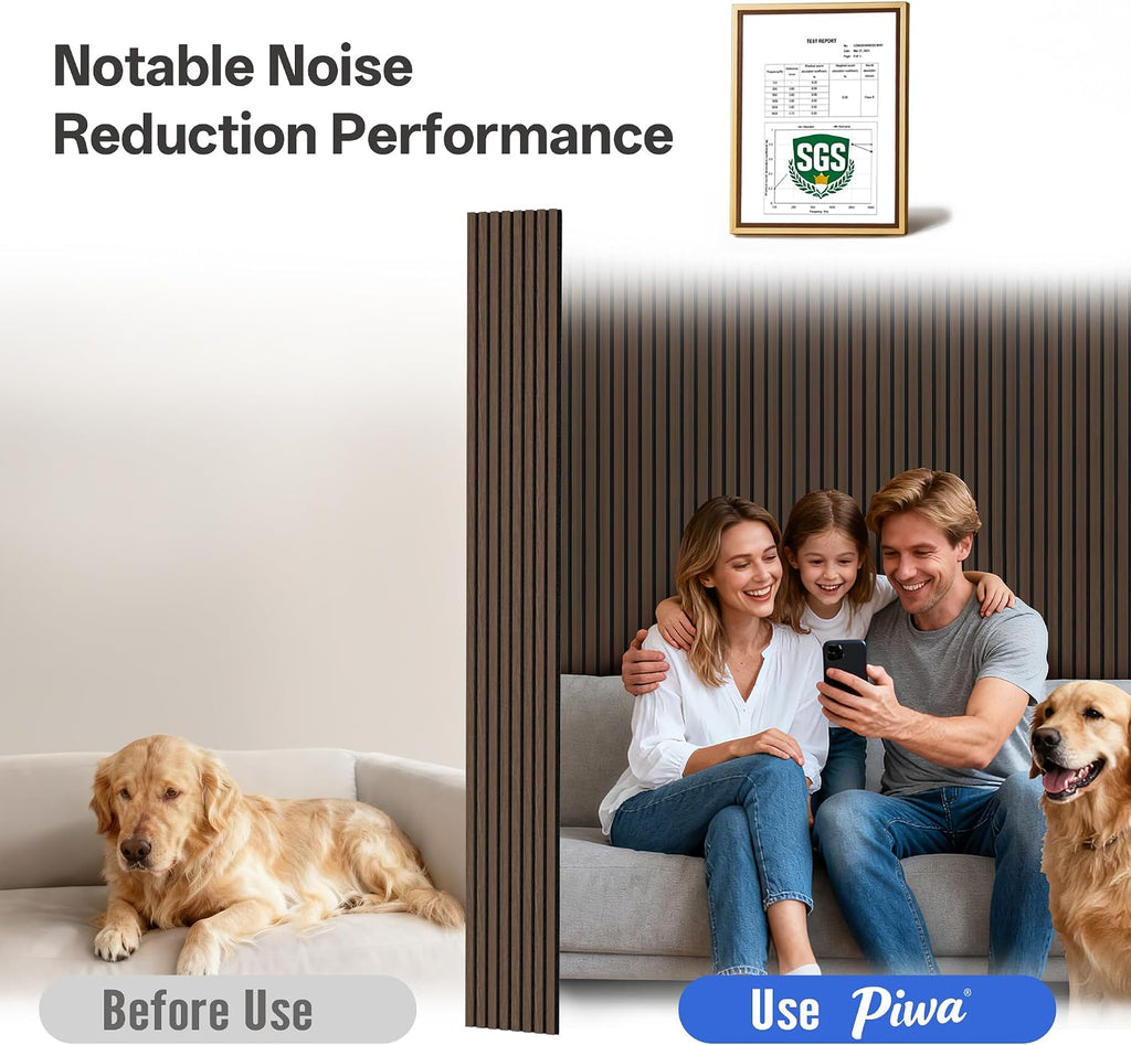 PIWA Acoustic Wall Panels 94' x 12' 4 Pack, Wood Panels for Wall Sound Dampening Slat Paneling with MDF Surface and Sound-Absorbing Core for Interior Decor, Home, Office and Gaming Room (Dark Walnut)
