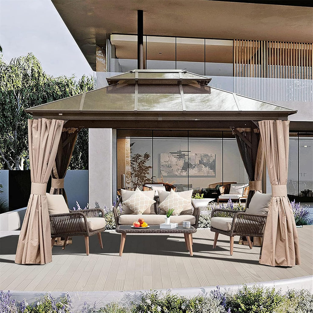 10x12Ft Hardtop Gazebo Outdoor Patio Gazebo with Polycarbonate Double Roof Aluminum Frame Pavilion with Curtain and Netting for Garden Patio Lawns Deck Backyard, Brown