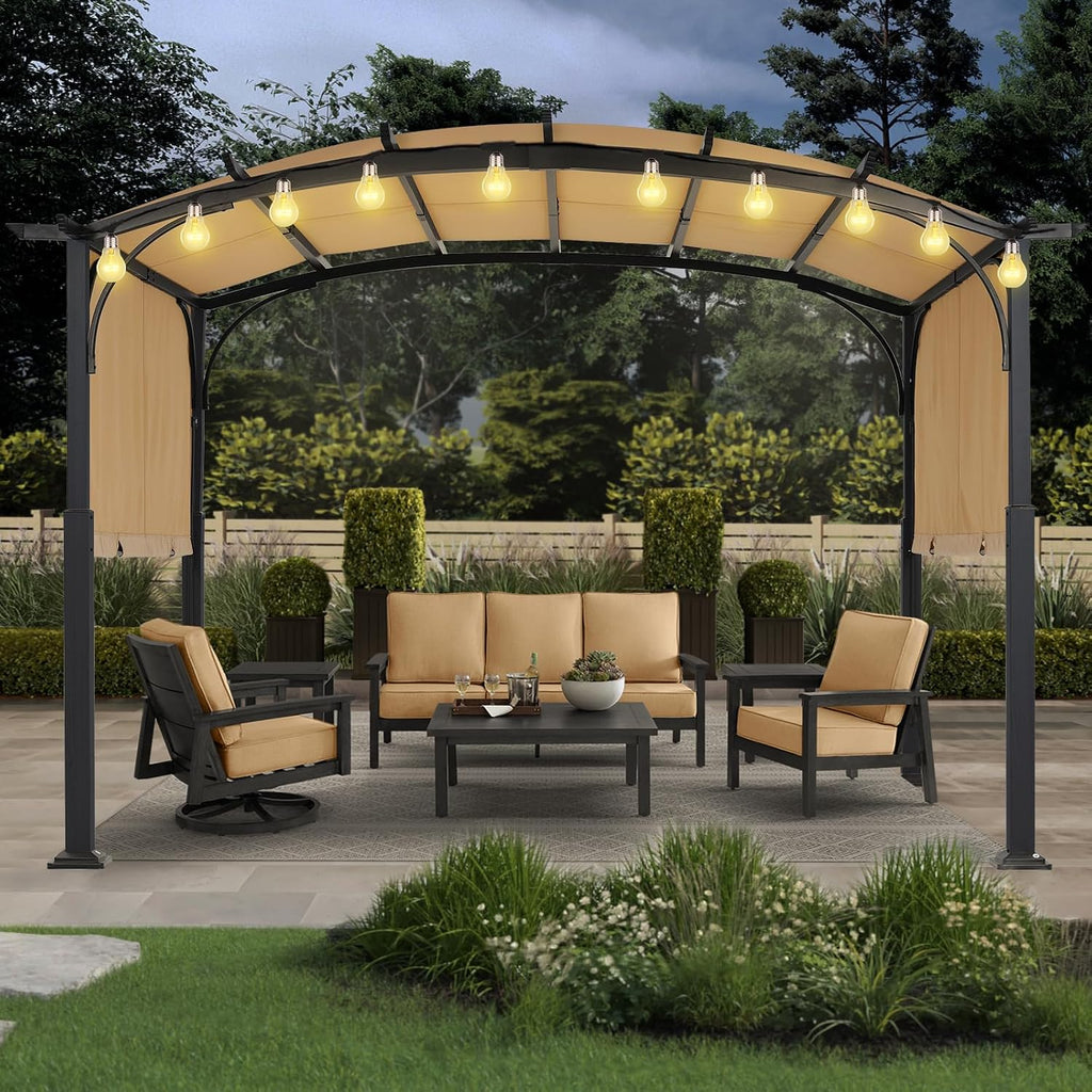 MASTERCANOPY 10x10ft Outdoor Retractable Pergola with Sun Shade Canopy Patio Metal Garden Pergola,Beige