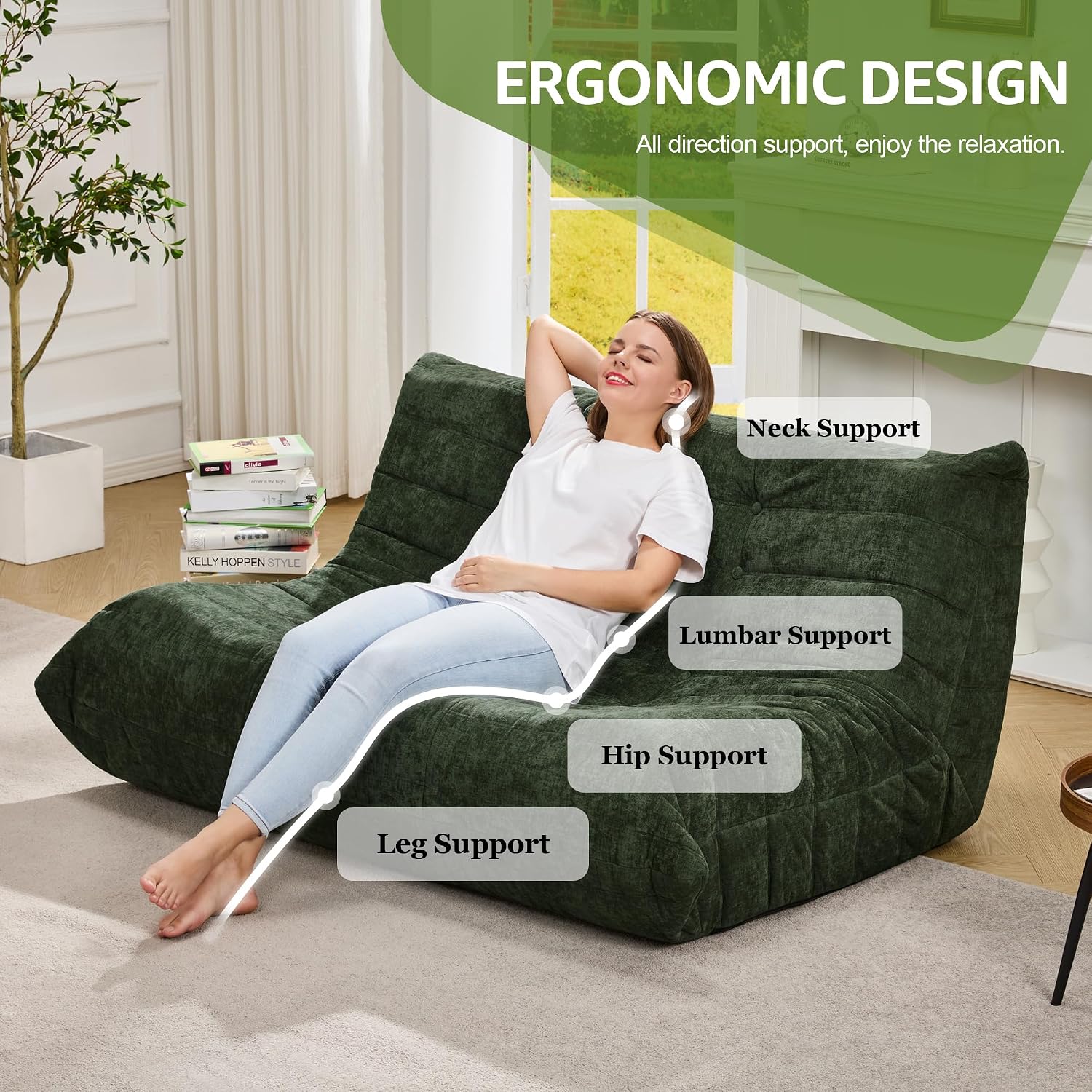 Bean Bag Chairs for Adults Giant Bean Bag Chair Memory Foam BeanBag Chair Bean Bag Sofa with Filler Faux Fur Fireside Beanbags Lazy Sofa for Living Room Bedroom Office (Green Chenille, Loveseat)