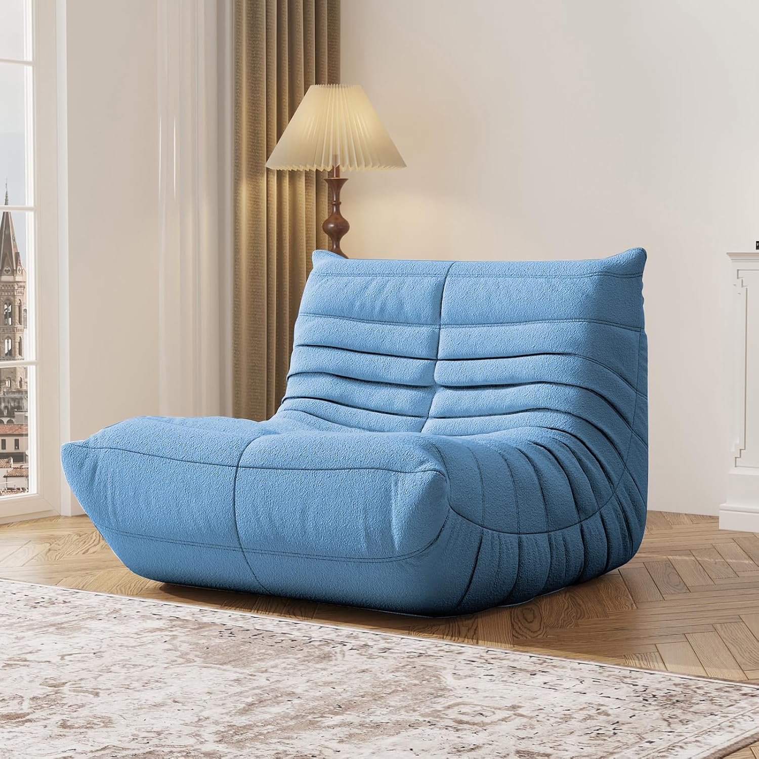 Giant Bean Bag Chair for Adults - Teddy Fleece Fireside Accent Chair with Memory Foam, Comfy Lazy Floor Sofa Couch Boneless Chaise Lounge for Living Room Bedroom Home Theaterr, 1 Seater, Misty Blue