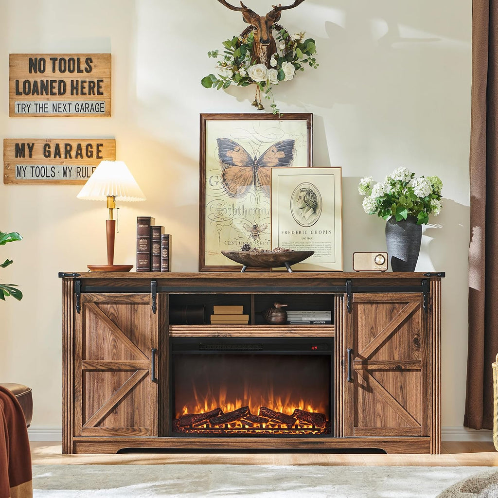 JXQTLINGMU Farmhouse Fireplace TV Stand for 80 Inch TV, 32' Tall Entertainment Center w/Drawer & Sliding Barn Door, 70 Inch Highboy Media Console for Living Room, Brown