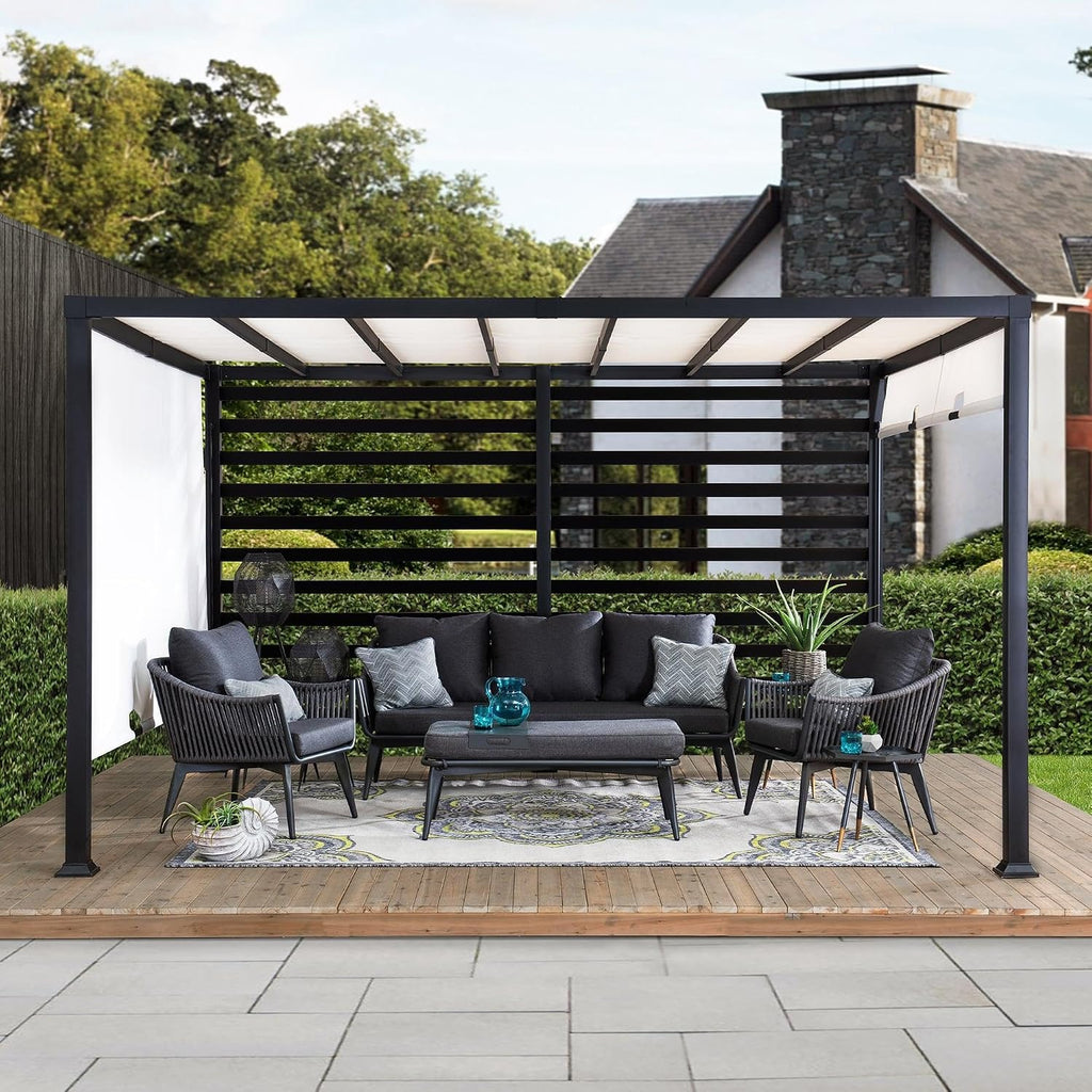 SUNJOY Outdoor Pergola 10 x 12 ft. Steel Pergolas with White Adjustable Shade and Privacy Screen for Backyard, Garden Activities
