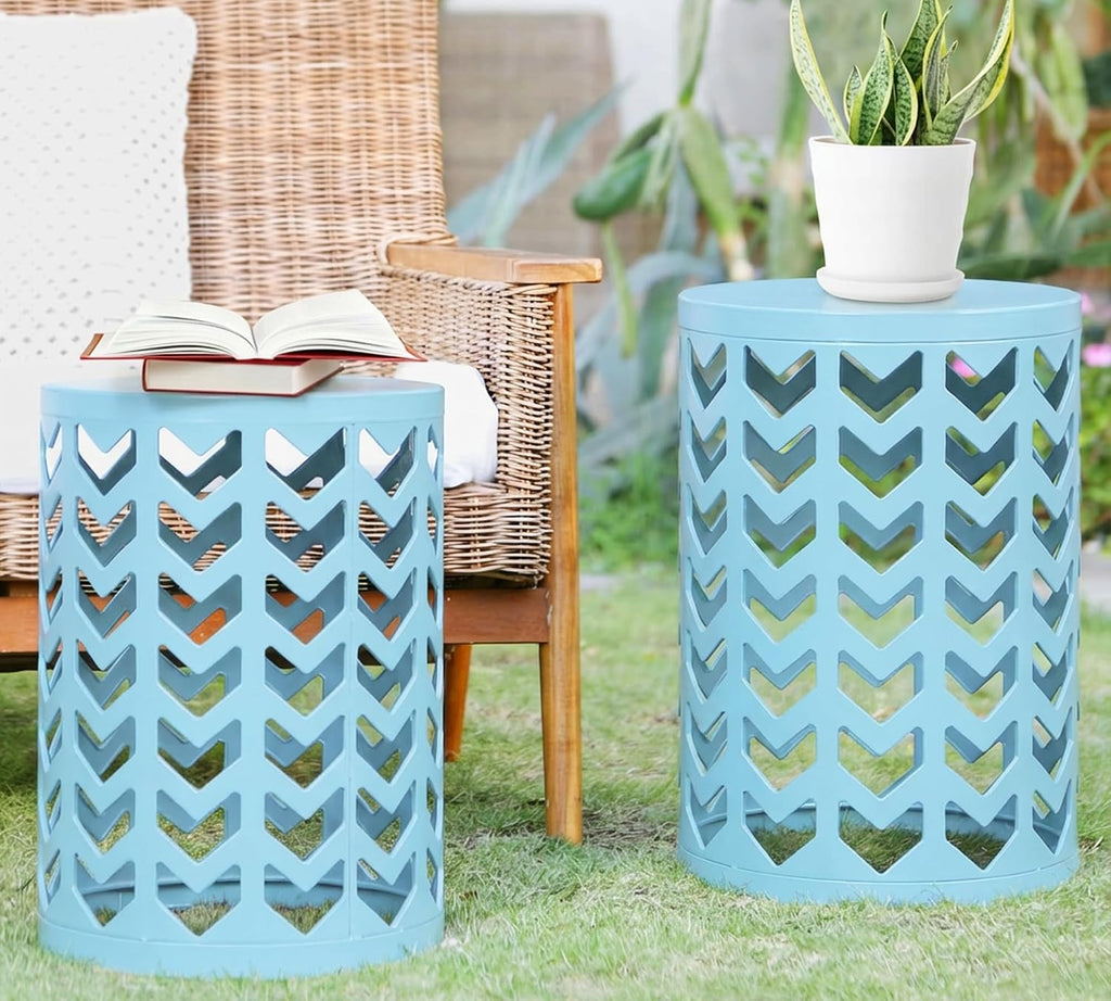 Y&M Set of 3 Round Heavy-Duty Side Table End Table, Coffee Table for Indoor Multifunctional Use, Outdoor Decorative Garden Stool Plant Stand-Light Blue