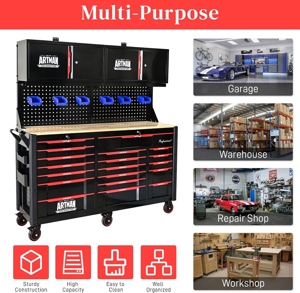 19 Drawers Rolling Tool Chest Large Mobile Workbench Heavy Duty Wood Top Tool Cart on Wheels Mechanic Toolbox Storage Cabinet for Garage, Workshop, Warehouse, Laboratory, with 2 Upper Cabinets