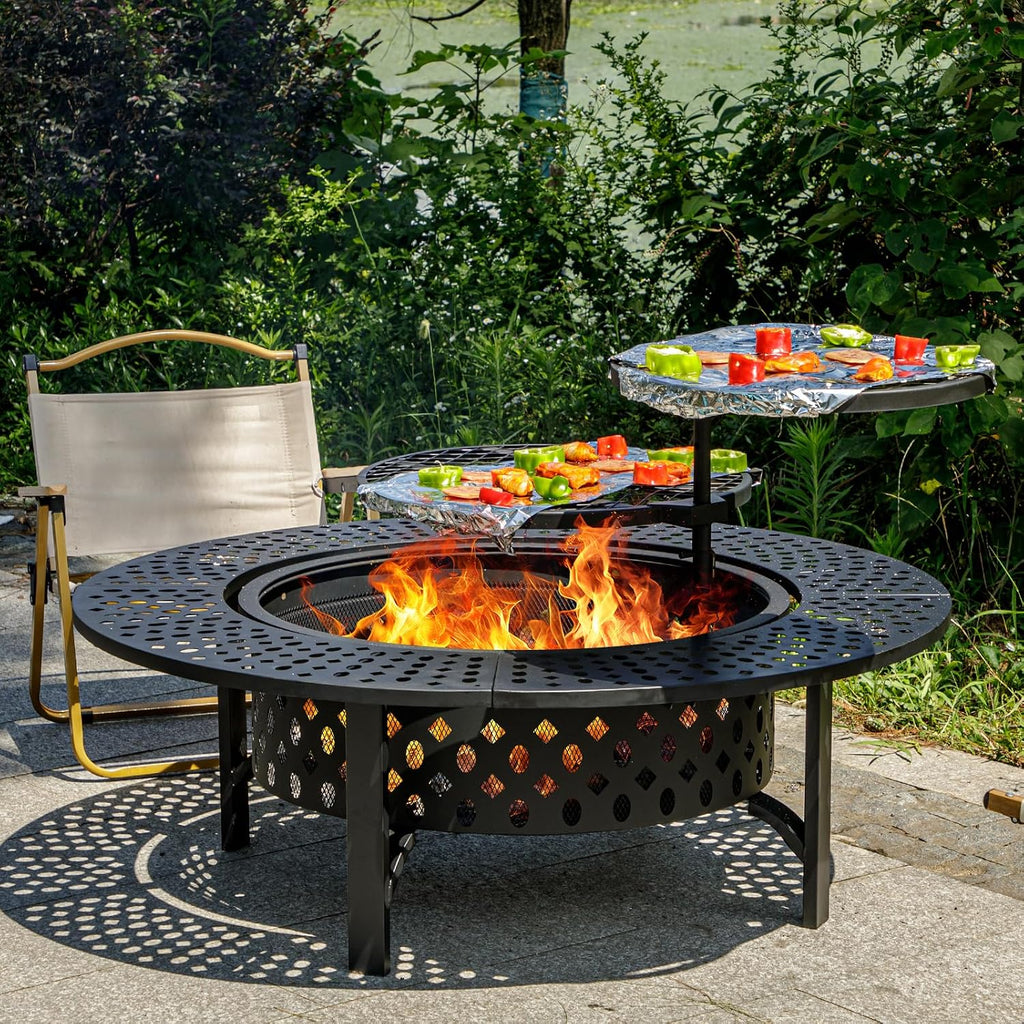 OutVue 47 Inch Fire Pit with 2 Grills, Wood Burning Fire Pits for Outside with Lid & Poker, BBQ& Outdoor Firepit & Round Metal Table 3 in 1 for Patio, Picnic, Party