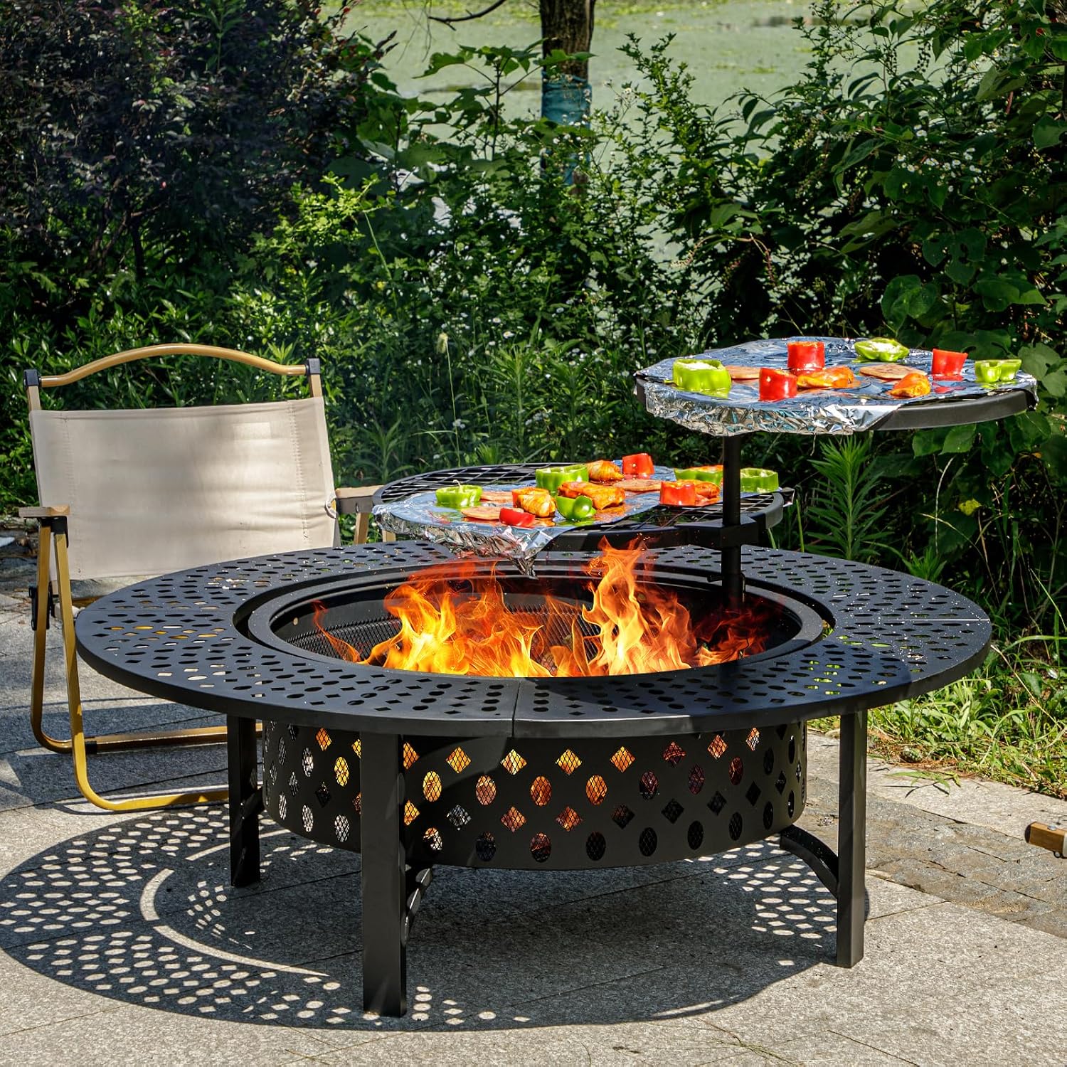OutVue 47 Inch Fire Pit with 2 Grills, Wood Burning Fire Pits for Outside with Lid & Poker, BBQ& Outdoor Firepit & Round Metal Table 3 in 1 for Patio, Picnic, Party
