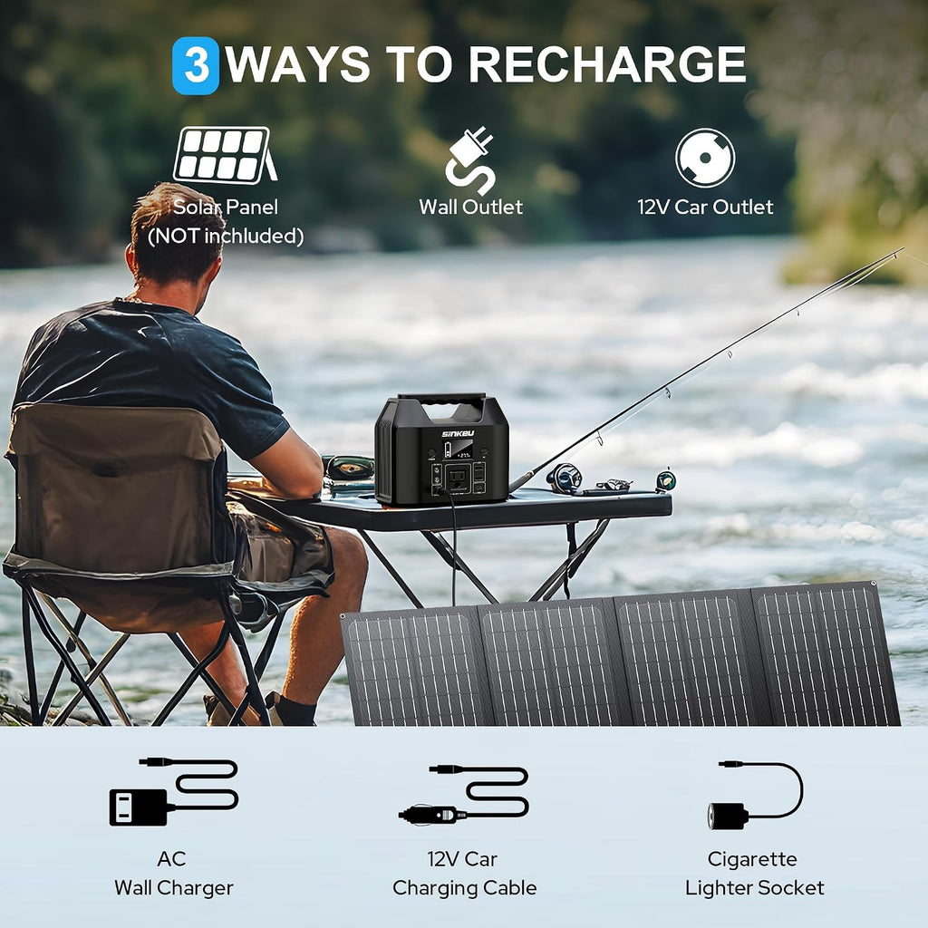 SinKeu 122.8Wh Portable Power Station with 60W Solar Panel, LiFePO4 Battery Solar Generator for Home Use, 150W Power Bank with AC Outlet for Camping, RV, Emergency Backup