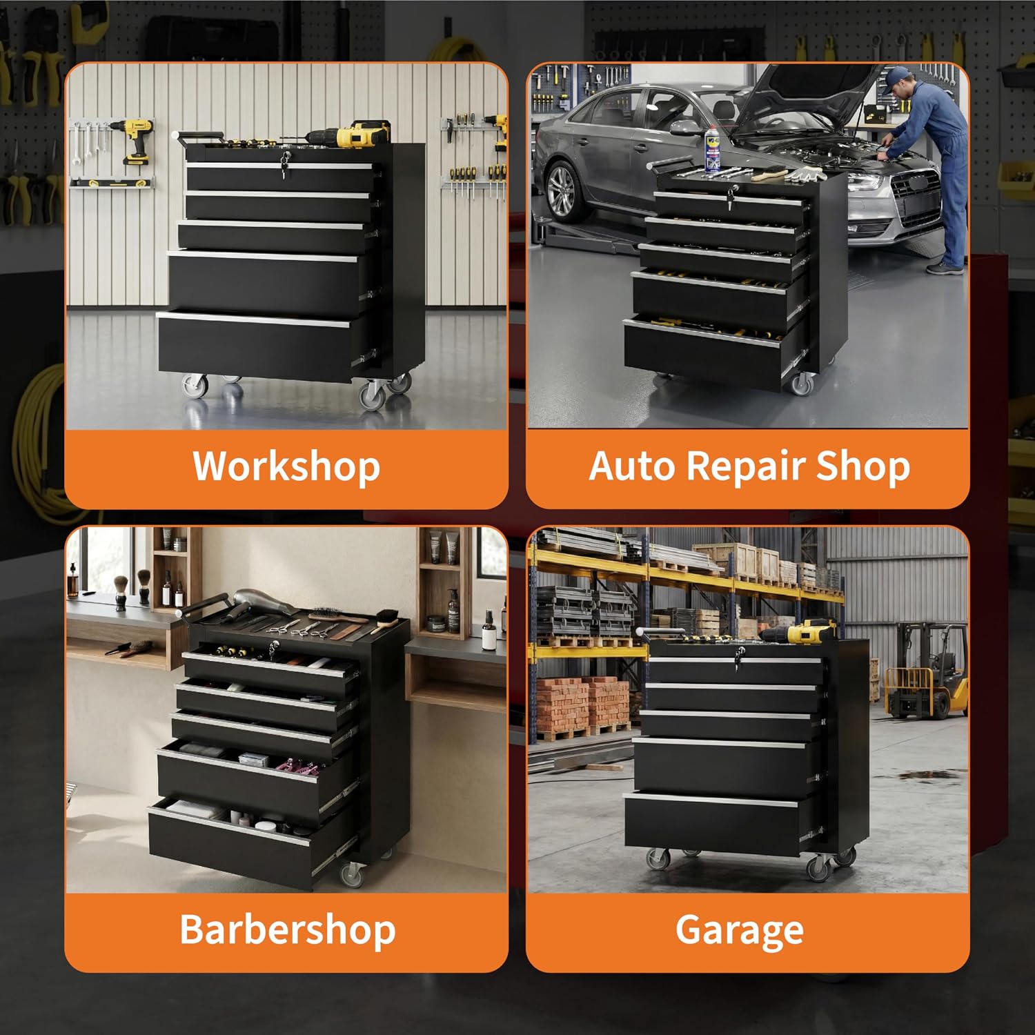 GarveeTech 5-Drawer Tool Chest, Rolling Tool Box with Wheels and Lock System, Portable Storage Rolling Tool Chest for Warehouse, Workshop & Repair Shop, Black