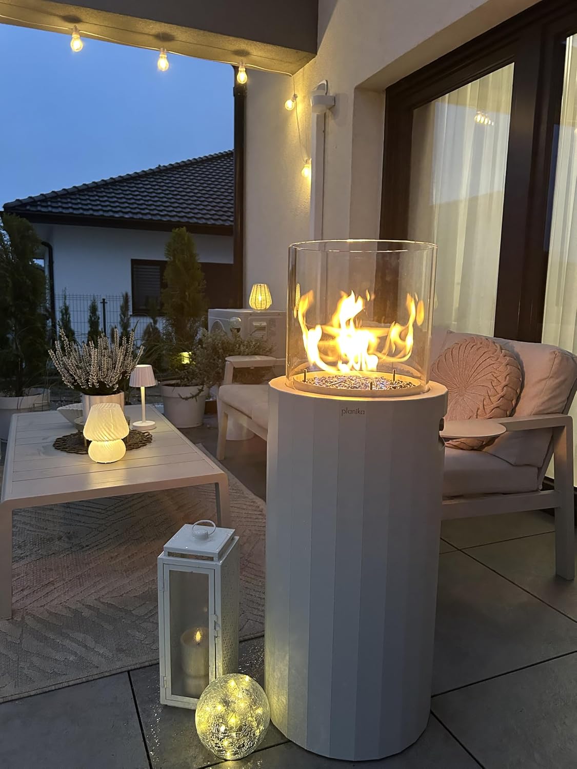Planika BINO Outdoor Gas Fireplace - Fire Column with Glass Shield for Patio or Gardens (Outdoor Cover Incl) (Grey)