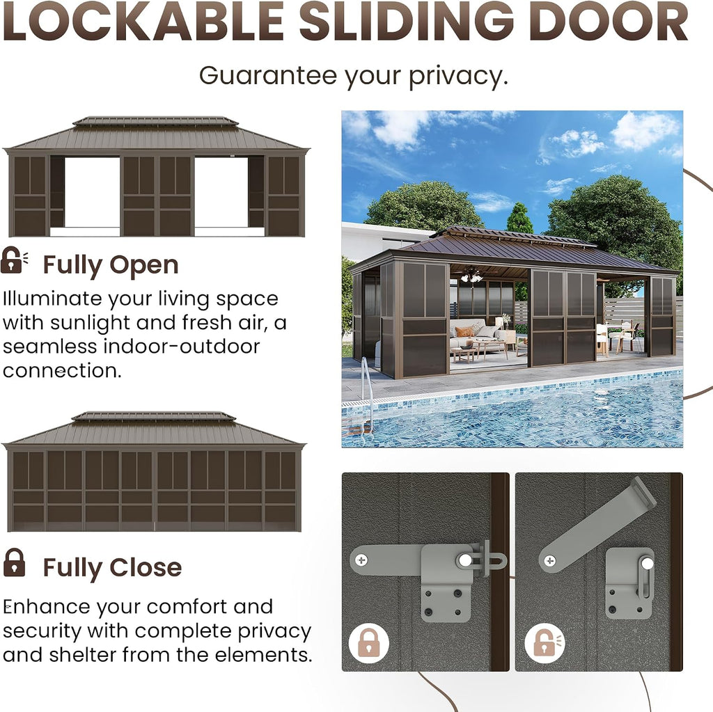 EROMMY 12' X 24' Hardtop Sunroom, Galvanized Steel Double Roof Gazebo Solarium with Detachable Windows & Lockable Doors, All-Weather Sun Room for Patio Deck Backyard
