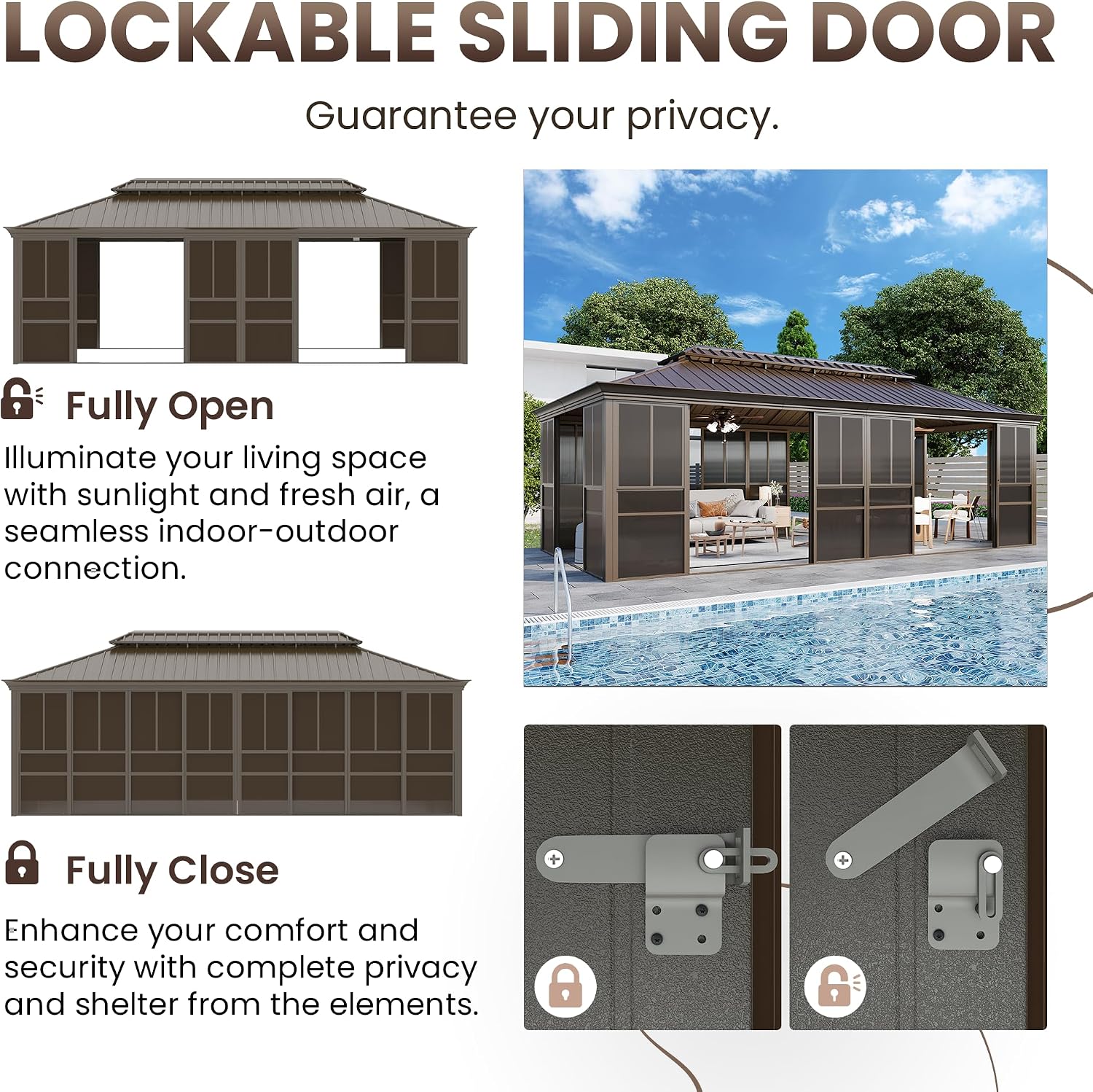EROMMY 12' X 24' Hardtop Sunroom, Galvanized Steel Double Roof Gazebo Solarium with Detachable Windows & Lockable Doors, All-Weather Sun Room for Patio Deck Backyard