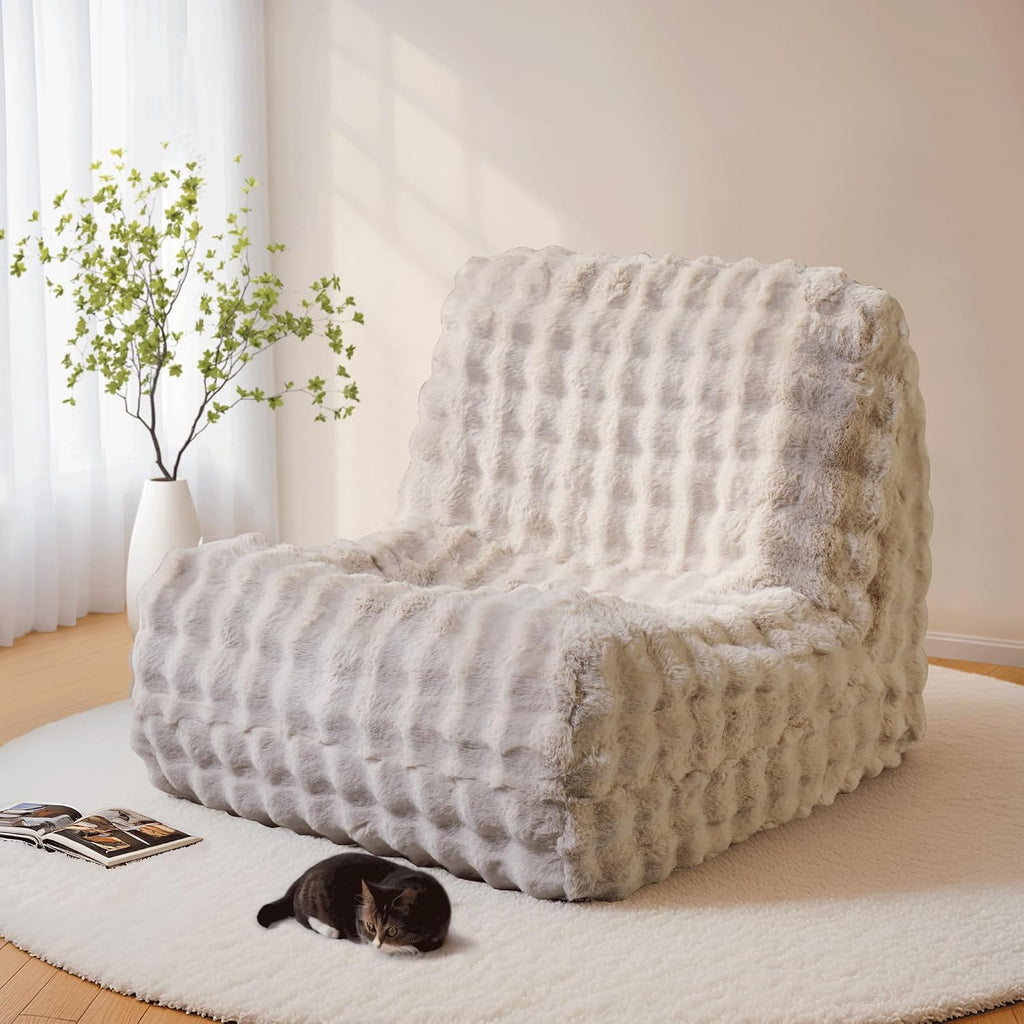 ovios Bean Bag Chair for Adult, Giant Beanbag with Plush Faux Fur, Comfy Large Big Lounger Floor Lazy Chair for Indoor Fireside Living Room Bedroom Dorm, Beige