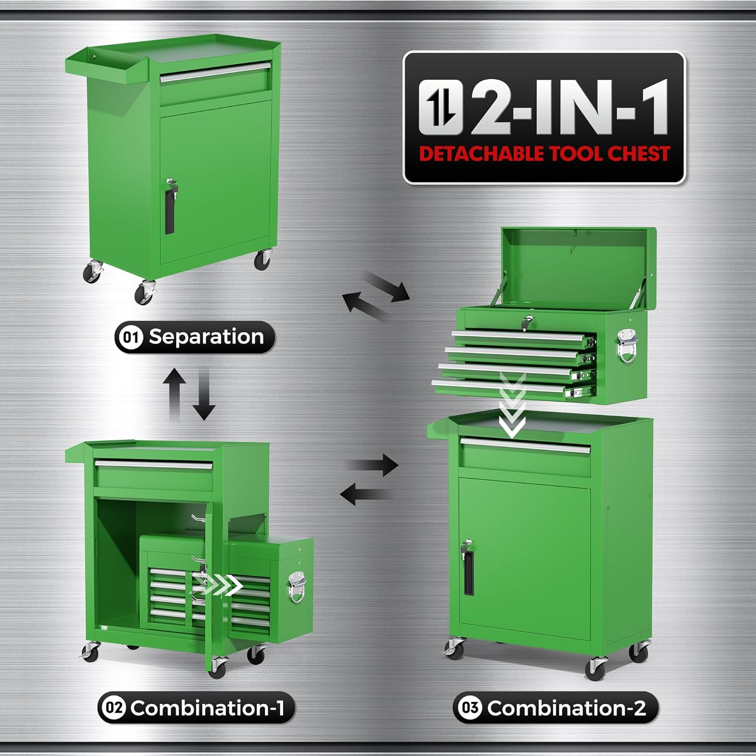 INTERGREAT Rolling Tool Chest, 5-Drawer Tool Box Organizer, Lockable Wheels & Sliding Drawers & Detachable Top, Tool Storage Cabinet for Garage Workshop (Green)
