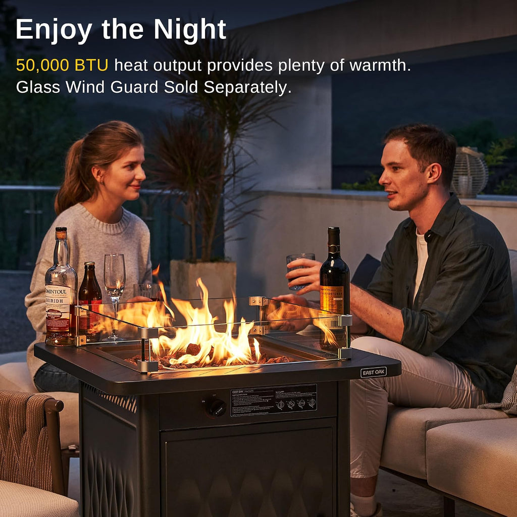EAST OAK 28'' Steel Propane Fire Pit Table, 50,000 BTU CSA Certified Fire Table with Magnetic Lid, Steel Gas FirePit for Outdoor and Garden, Cover-Storage Basket and Lava Rock , Chocolate Coffee