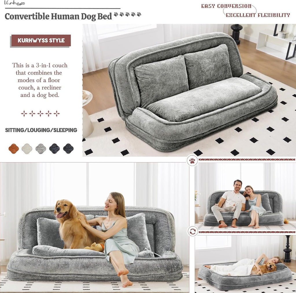 Extra Large Human Dog Bed for Adult & Pets, Convertible Floor Sofa Bed with 5 Adjustable Position, Lazy Couch Giant Bean Bag Lounge Chair Comfy Tatami with 3 Pillows for Bedroom Living Room (Grey)