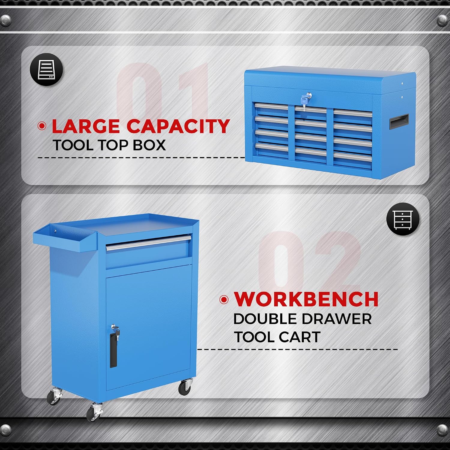 INTERGREAT Blue Tool Chest, 5-Drawer Rolling Tool Chest with Detachable Top Tool Box, Tool Chests with Universal Lockable Wheels, Metal Tool Cart for Garage, Workshop, Barbershop