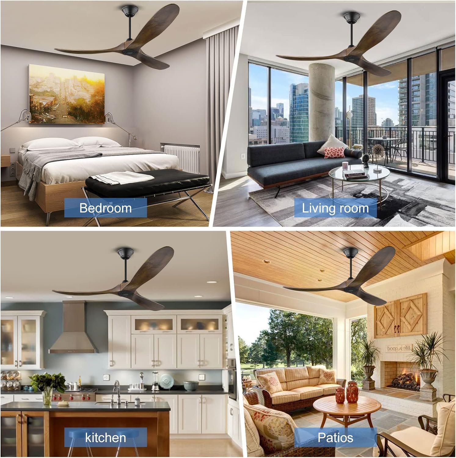 52 Inch Wood Ceiling Fan no Light, Indoor Outdoor Ceiling Fans for Patios without Lights with Remote, 3 Blades Walnut Ceiling Fan with Reversible DC Motor for Farmhouse Gazebo Porch Home