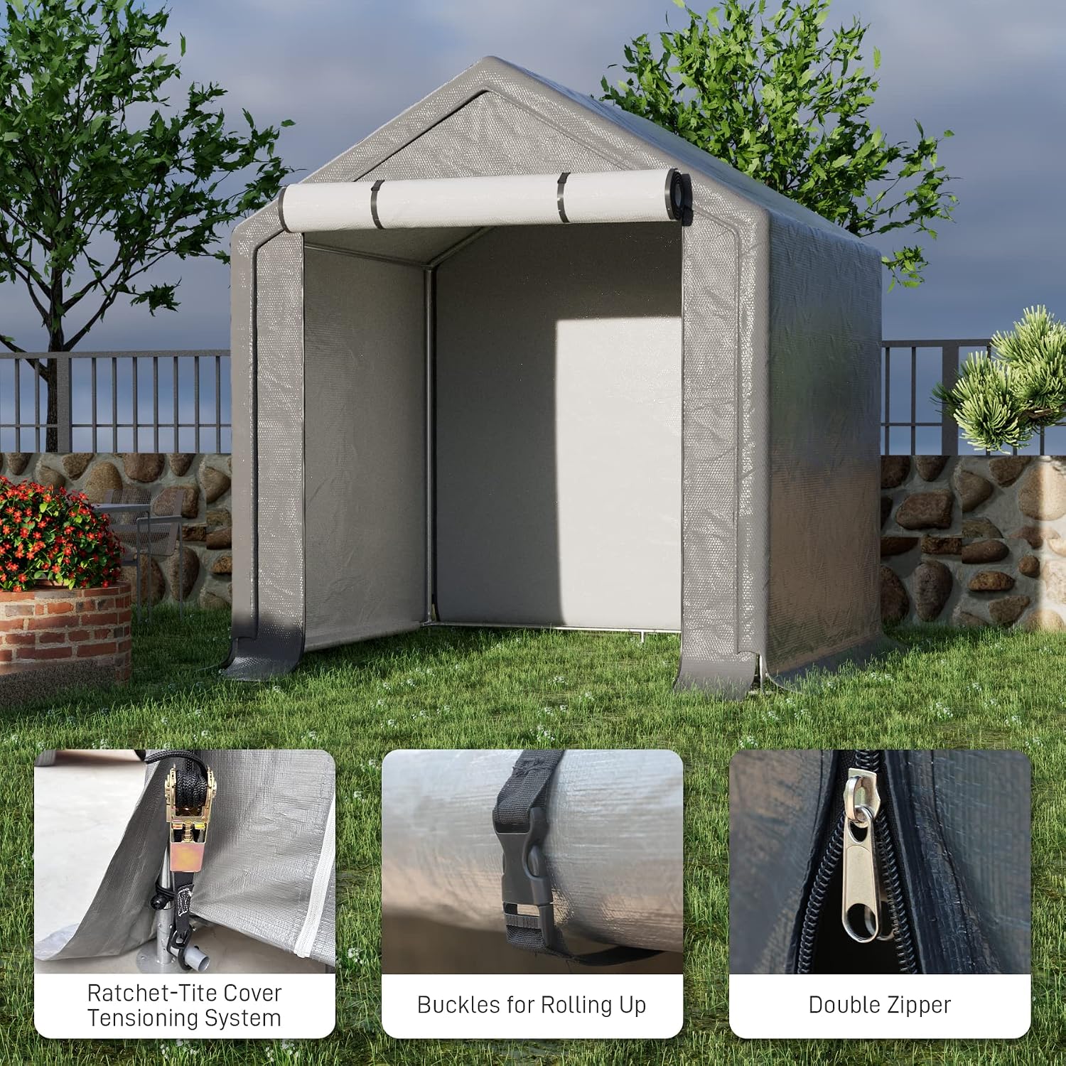Outdoor Storage Shelter, 6x6 ft Portable Shed with Roll up Zipper Door, Waterproof and UV Resistant Anti-Snow, Heavy Duty Carport for Storing Garden Tools, Outdoor Equipment