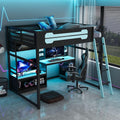Harper & Bright Designs Full Size Wood Gaming Loft Bed with Desk and Storage Shelves, Modern Low Loft Bed Frame with LED Lights, USB Ports and Pegboard for Kids Teens Adults, Black+Blue