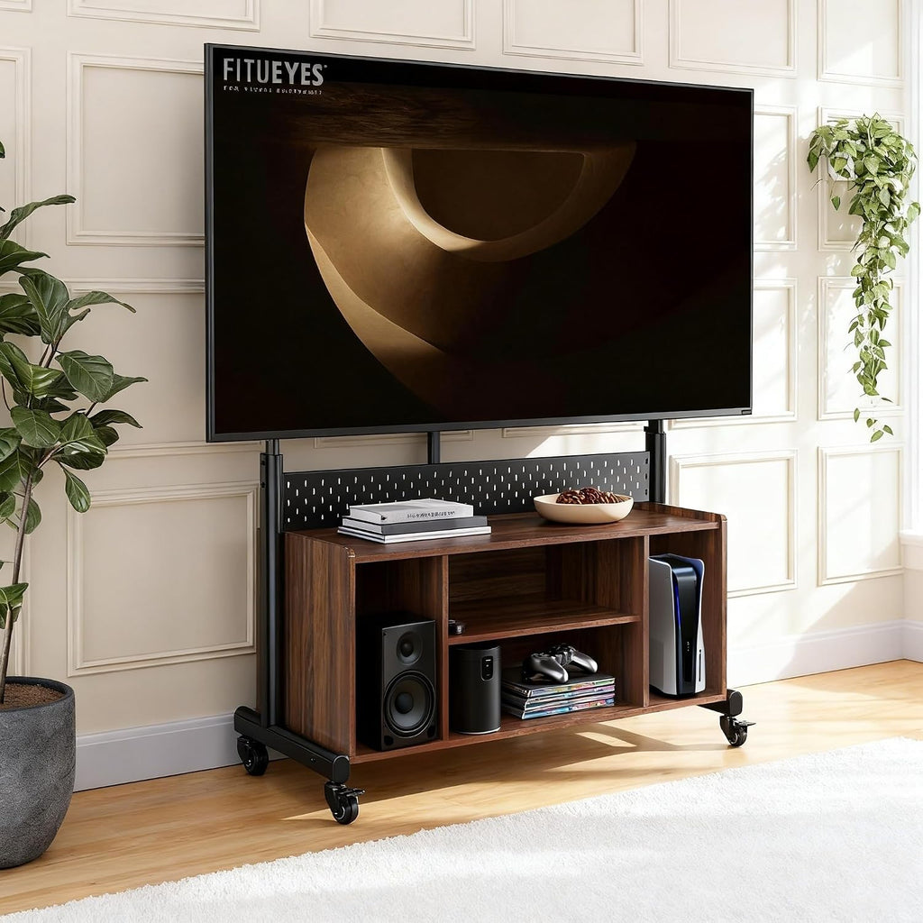 FITUEYES Rolling 3-in-1 Entertainment Center for 50-85 inch TVs, Heavy Duty TV Console on Wheels Lockable Hold Up to 176 lbs, Height Adjustable TV Stand Cabinet & Pegboard for Living Room, Bedroom