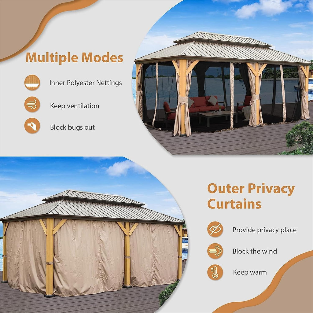 12x20Ft Hardtop Gazebo Wood Gazebo Outdoor Cedar Wood Frame with Galvanized Steel Double Roof Outdoor Permanent Metal Pavilion with Curtains and Netting for Patio Backyard Lawn, Brown