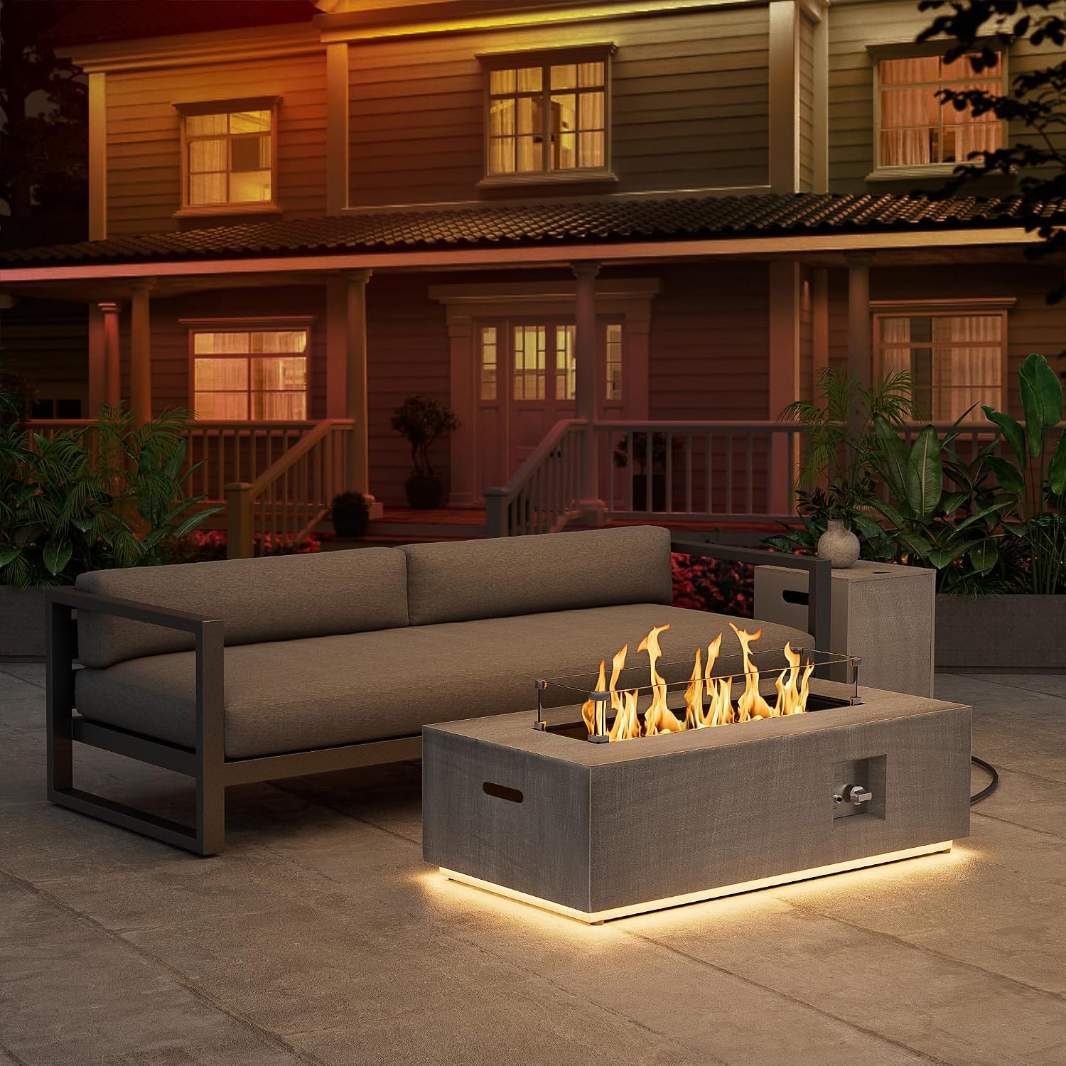 Dineli 2-Piece Outdoor Propane Fire Pit Table Set w Tank Table 42'' Rectangular Firepit Gas Fire Pits for Outside Patio Table Fire Pit w LED, 50,000 BTU (Light Gray, with Warmlight)