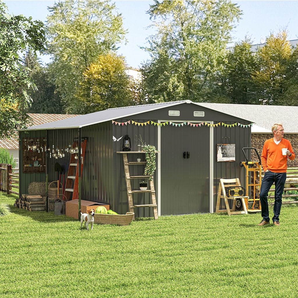 10×12 FT Extra-Large Outdoor Storage Shed with Firewood Bay, Waterproof Metal Garden Shed with Sliding Doors, Ramp, 4 Windows, Vents & Galvanized Steel Panels for Backyard, Lawn & Patio Tool Storage